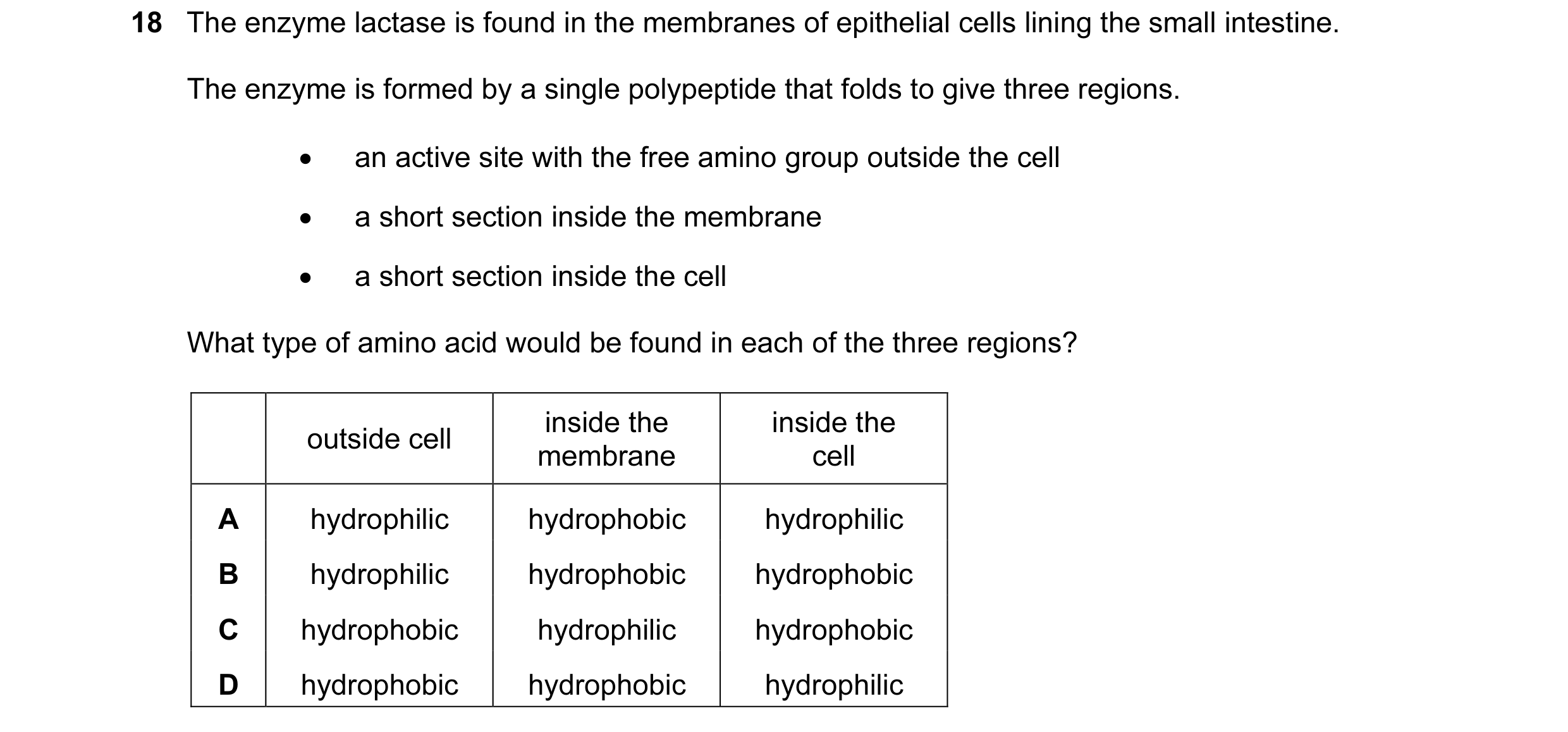 Question 85: The enzyme lactase is found in the membranes of epithelial cells lining the small intestine. The enzyme is formed by a single polypeptide t…