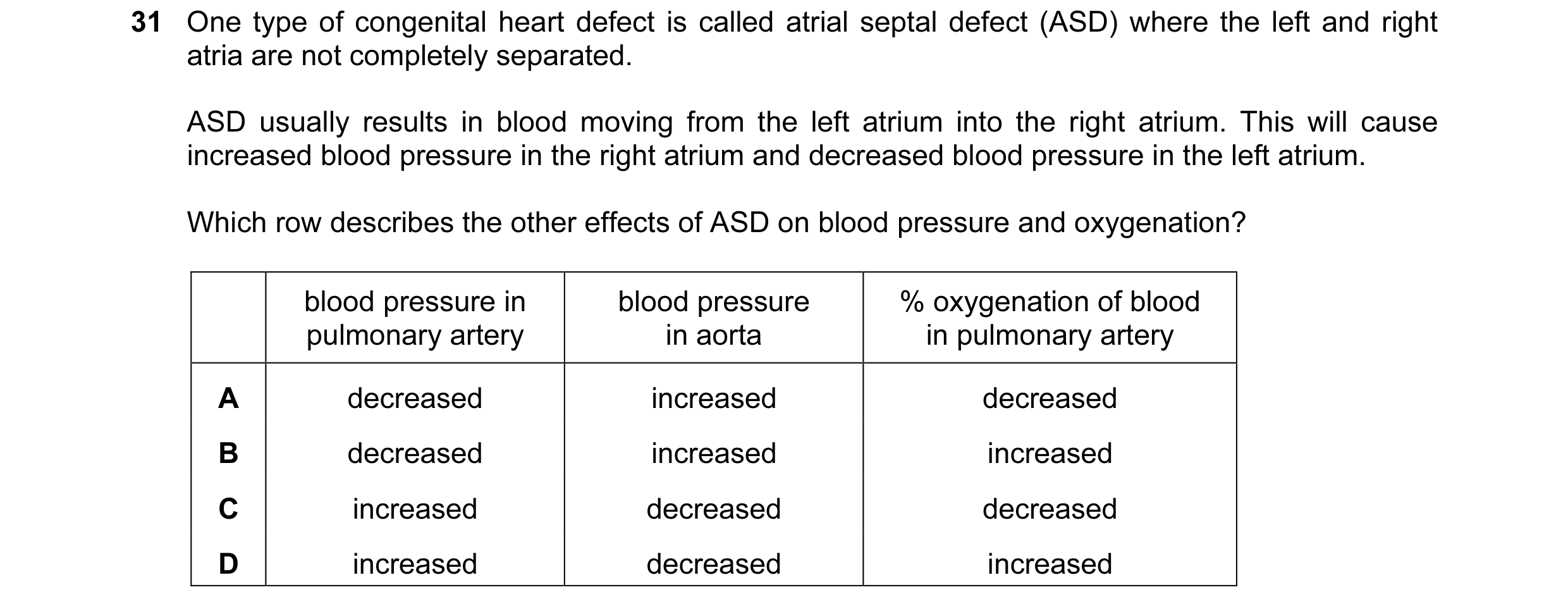 Question 53: One type of congenital heart defect is called atrial septal defect (ASD) where the left and right atria are not completely separated. ASD u…