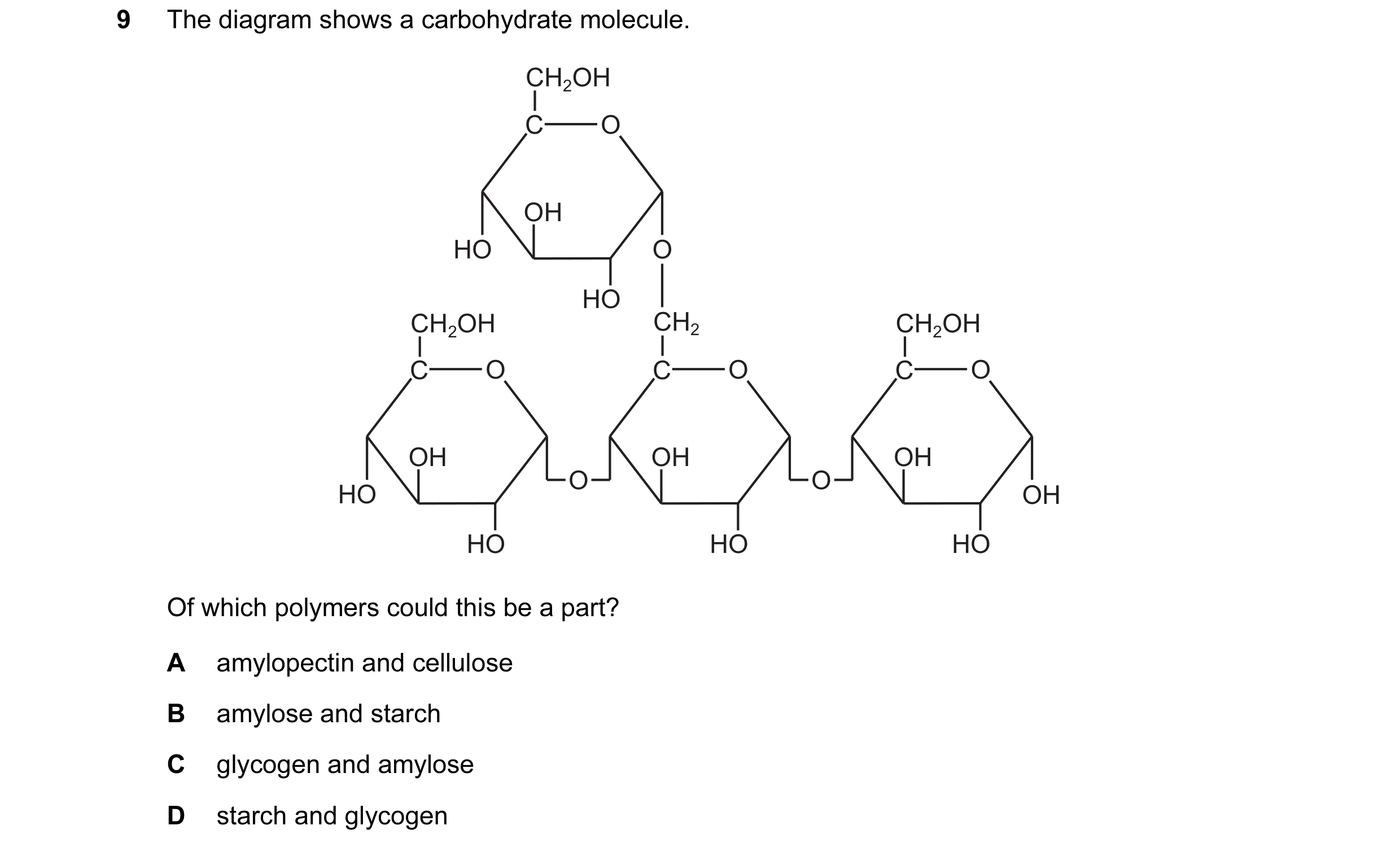 Question 117: The diagram shows a carbohydrate molecule. CH2OH C O OH HO O HO CH2OH CH2 CH2OH C O C O C O OH OH OH O O HO OH HO HO HO Of which polymers c…