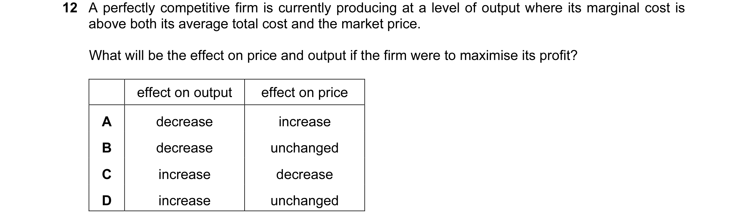 Question 47: A perfectly competitive firm is currently producing at a level of output where its marginal cost is above both its average total cost and t…