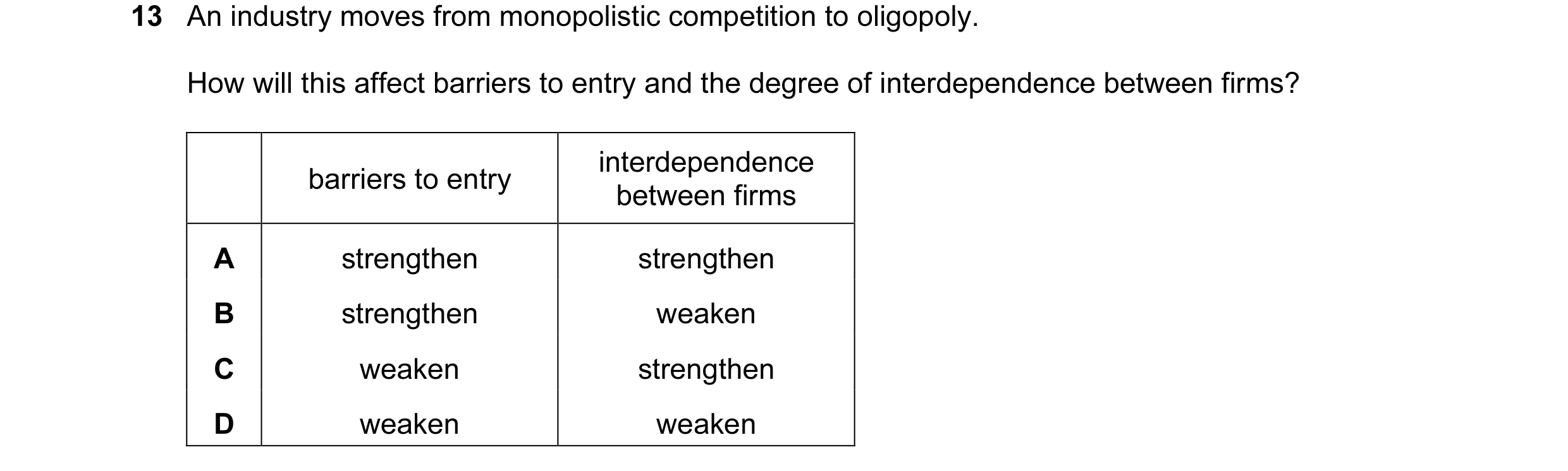 Question 48: An industry moves from monopolistic competition to oligopoly. How will this affect barriers to entry and the degree of interdependence betw…