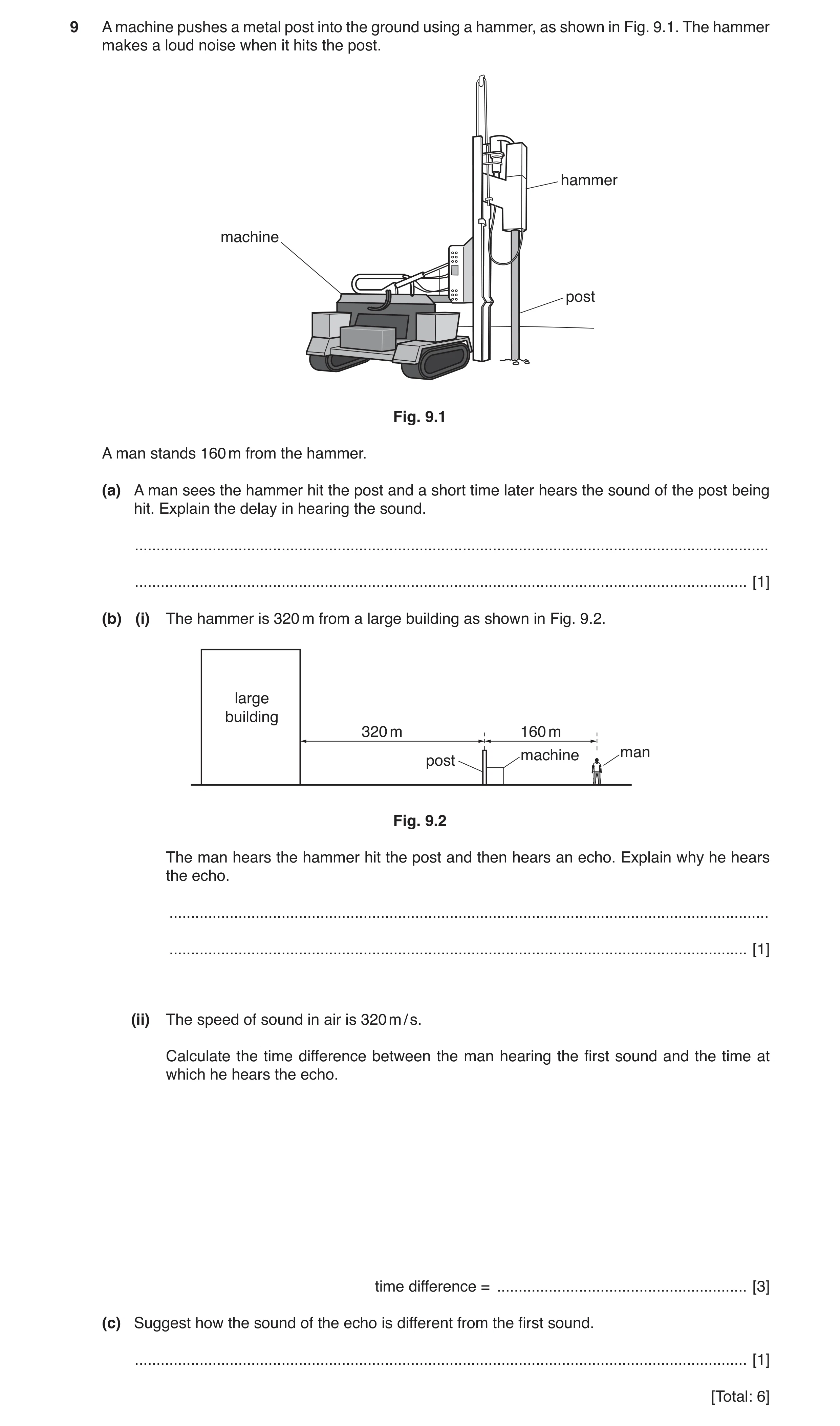 Question 7: A machine pushes a metal post into the ground using a hammer, as shown in Fig. 9.1. The hammer makes a loud noise when it hits the post. ha…