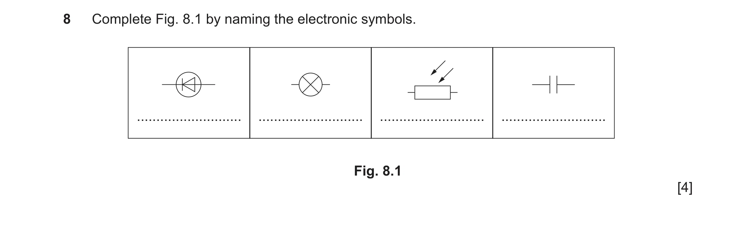 Question 160: Complete Fig. 8.1 by naming the electronic symbols. ........................... ........................... ........................... ...…