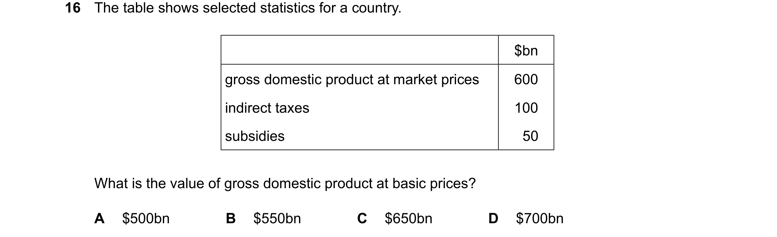 Question 60: The table shows selected statistics for a country. $bn gross domestic product at market prices 600 indirect taxes 100 subsidies 50 What is …