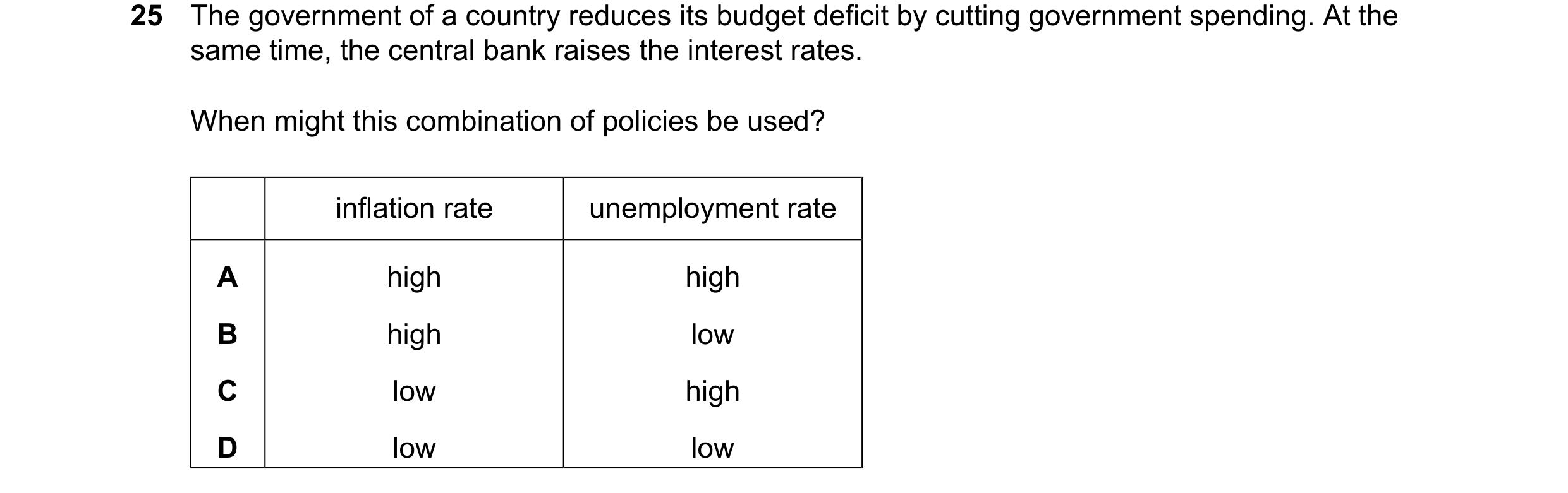 Question 141: The government of a country reduces its budget deficit by cutting government spending. At the same time, the central bank raises the intere…