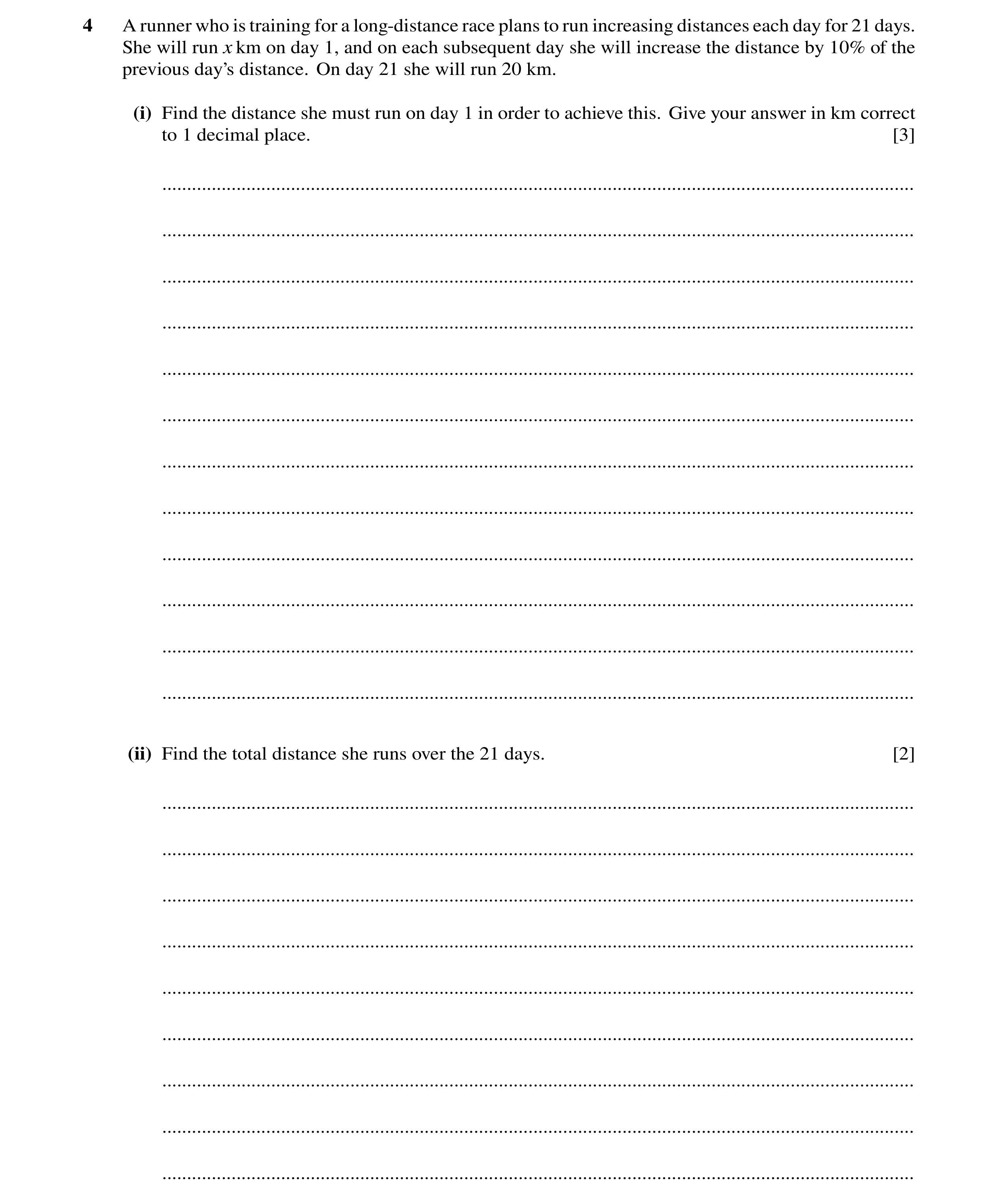 Question 64: A runner who is training for a long-distance race plans to run increasing distances each day for 21 days. She will run x km on day 1, and o…
