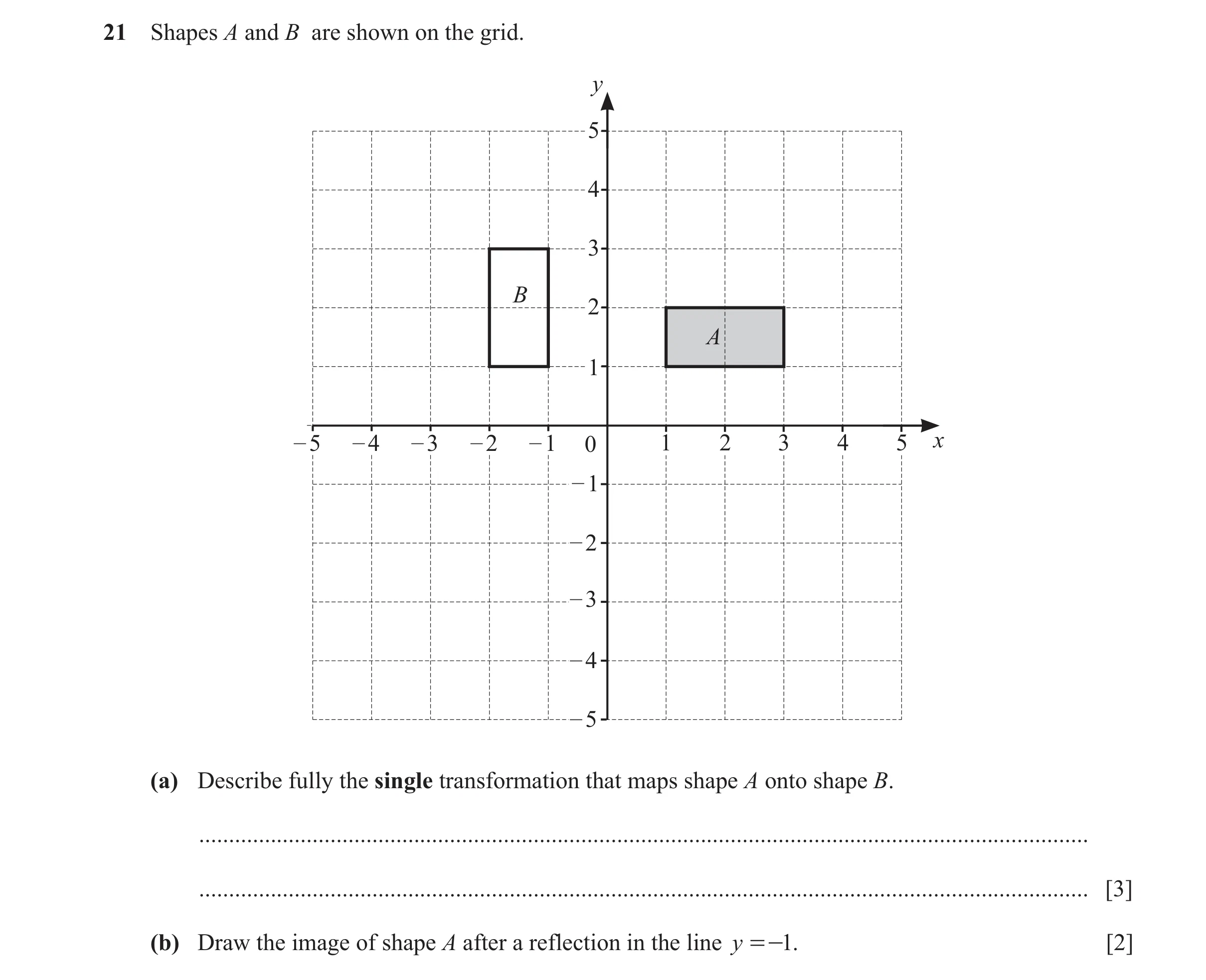 Question 22: Shapes A and B are shown on the grid. y 5 4 3 B 2 A 1 – 5 – 4 – 3 – 2 – 1 0 1 2 3 4 5 x – 1 – 2 – 3 – 4 – 5 (a) Describe fully the single t…