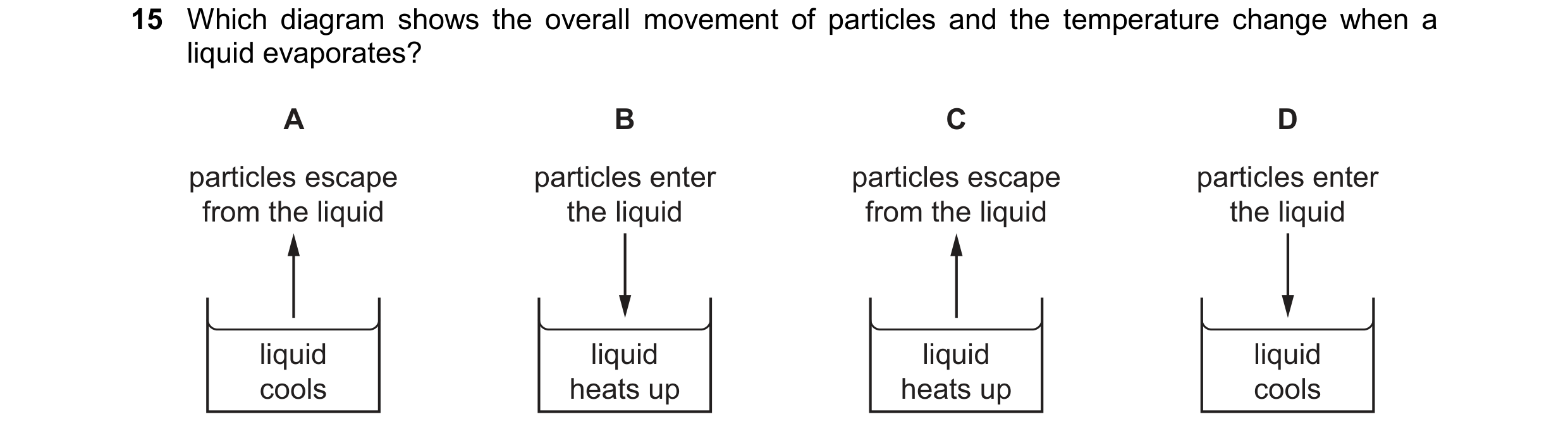 Question 265: Which diagram shows the overall movement of particles and the temperature change when a liquid evaporates? A B C D particles escape particl…