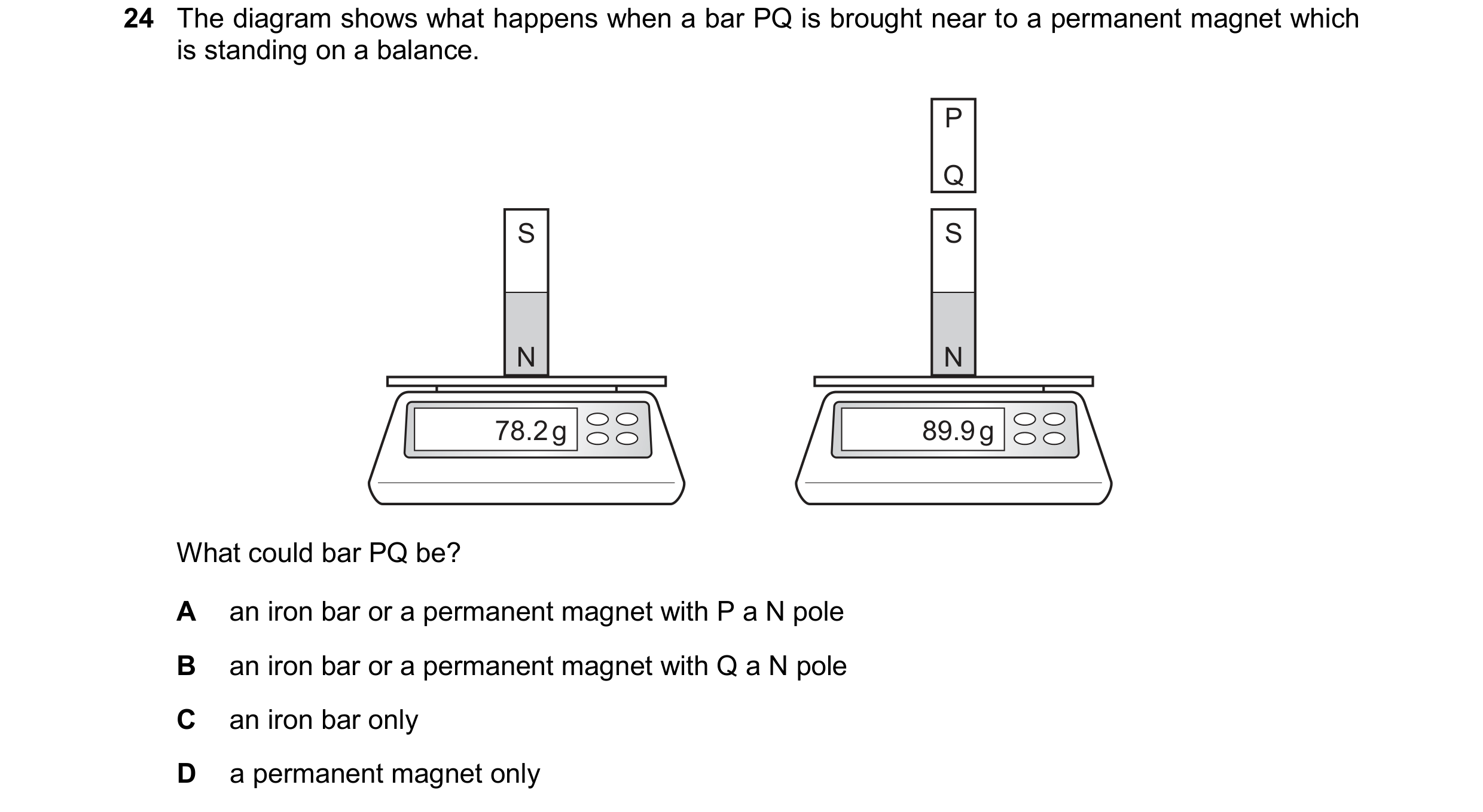 Question 212: The diagram shows what happens when a bar PQ is brought near to a permanent magnet which is standing on a balance. P Q S S N N 78.2 g 89.9 …