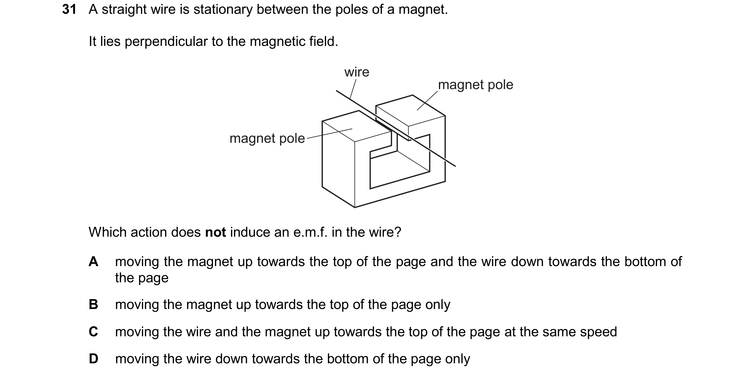 Question 279: A straight wire is stationary between the poles of a magnet. It lies perpendicular to the magnetic field. wire magnet pole magnet pole Whic…