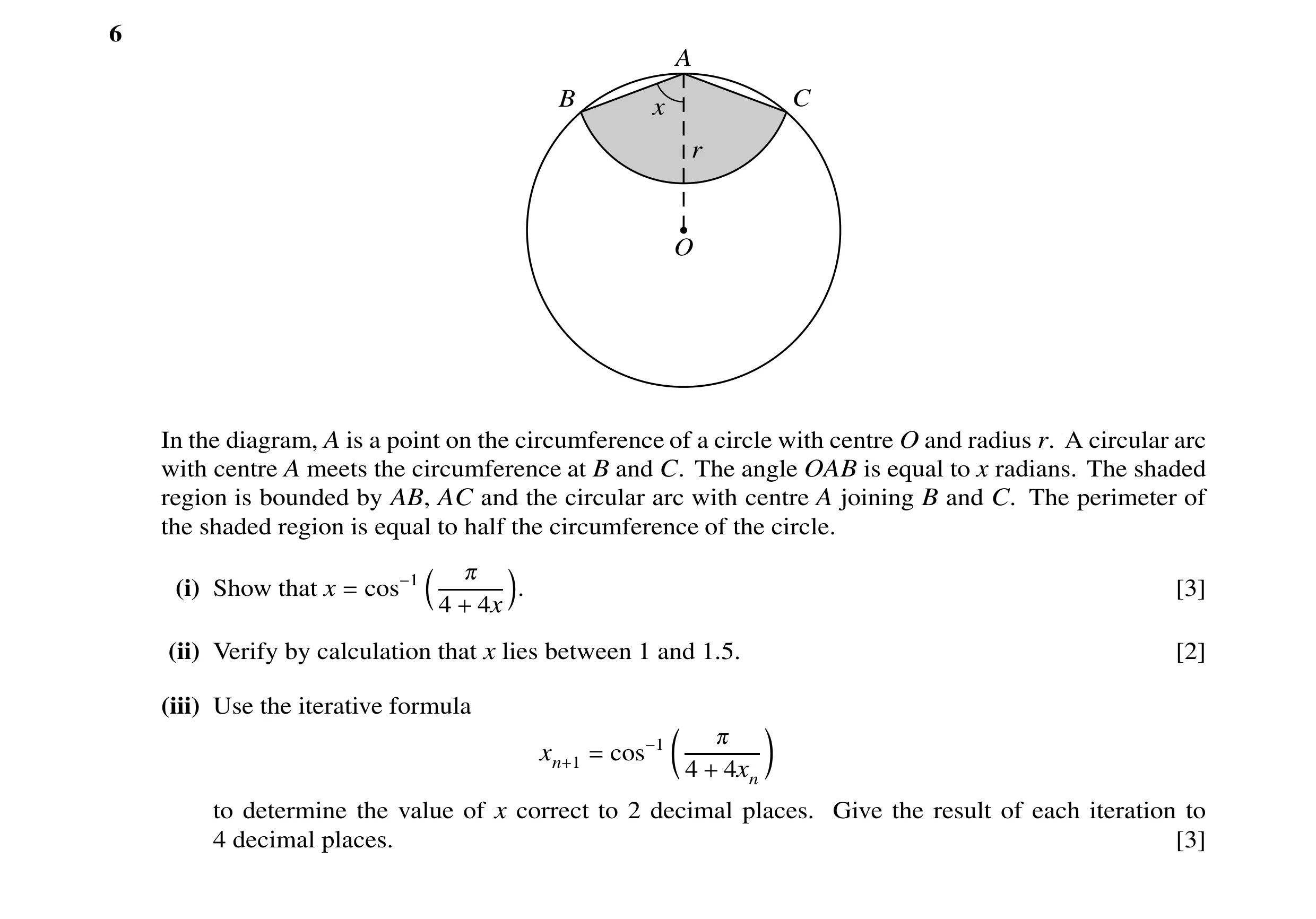 Question 41: A B C x r O In the diagram, A is a point on the circumference of a circle with centre O and radius r. A circular arc with centre A meets th…