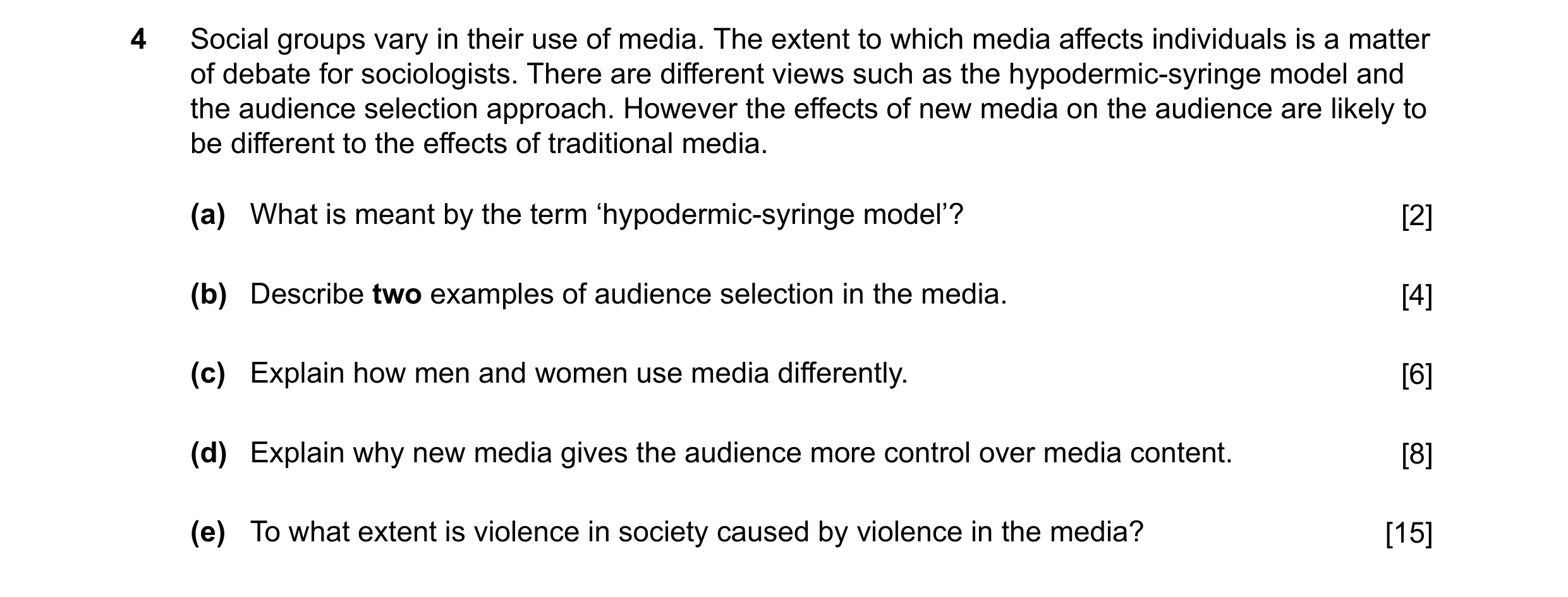 Question 16: Social groups vary in their use of media. The extent to which media affects individuals is a matter of debate for sociologists. There are d…