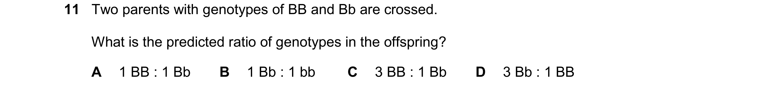 Question 39: Two parents with genotypes of BB and Bb are crossed. What is the predicted ratio of genotypes in the offspring? A 1 BB : 1 Bb B 1 Bb : 1 bb…