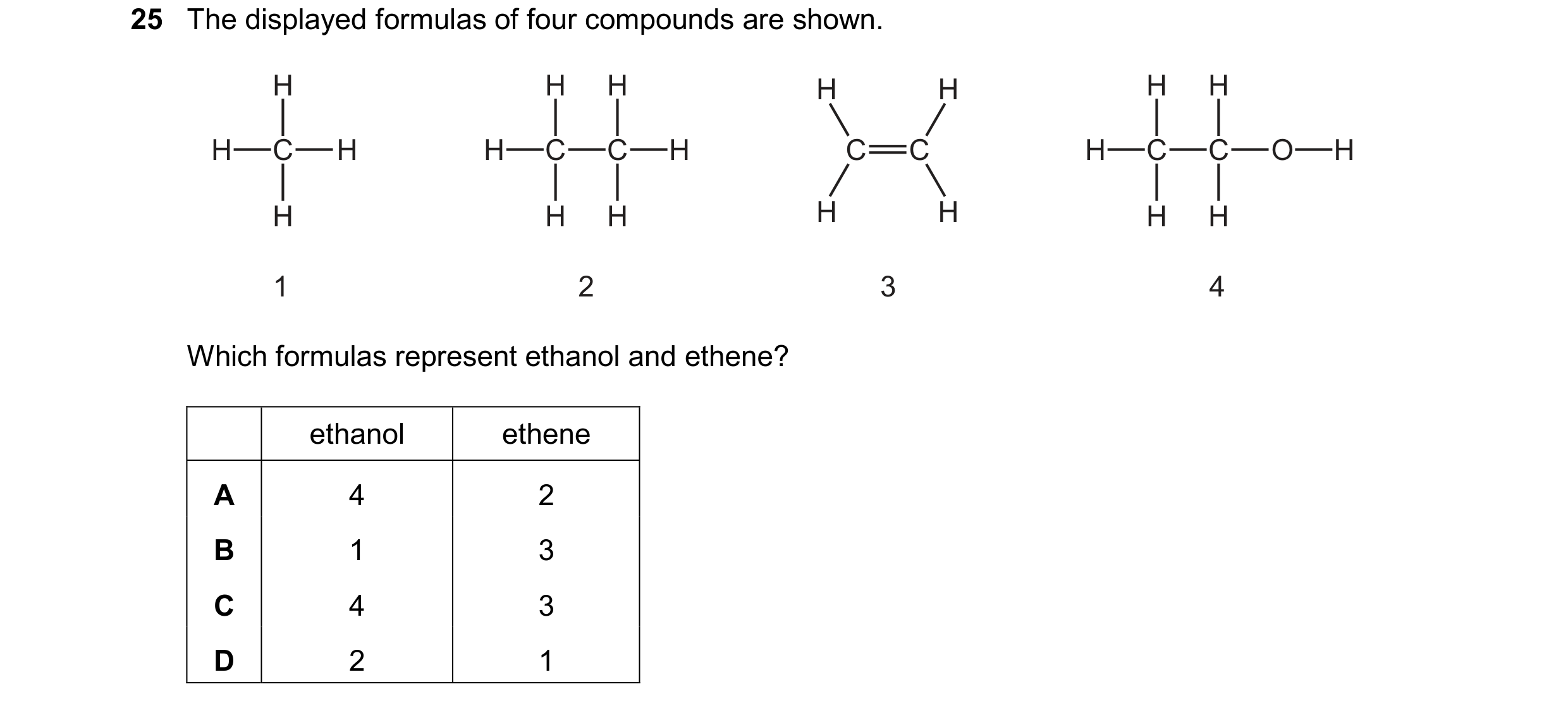 Question 36: The displayed formulas of four compounds are shown. H H H H H H H H C H H C C H C C H C C O H H H H H H H H 1 2 3 4 Which formulas represen…