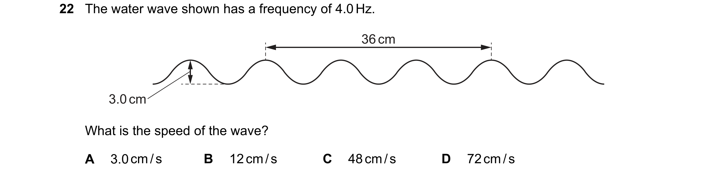 Question 89: The water wave shown has a frequency of 4.0 Hz. 36 cm 3.0 cm What is the speed of the wave? A 3.0 cm / s B 12 cm / s C 48 cm / s D 72 cm / s