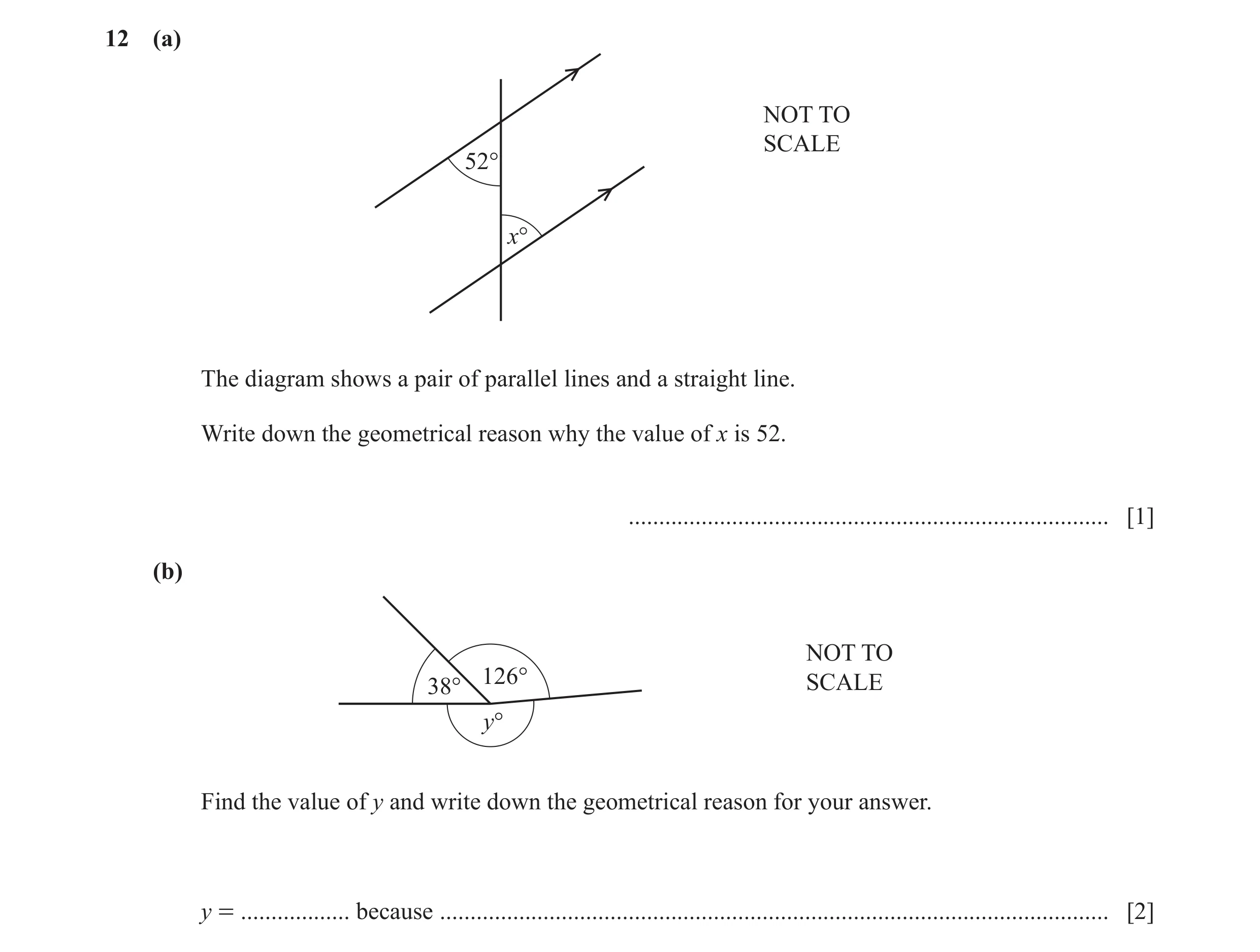 Question 113: (a) NOT TO SCALE 52° x° The diagram shows a pair of parallel lines and a straight line. Write down the geometrical reason why the value of …