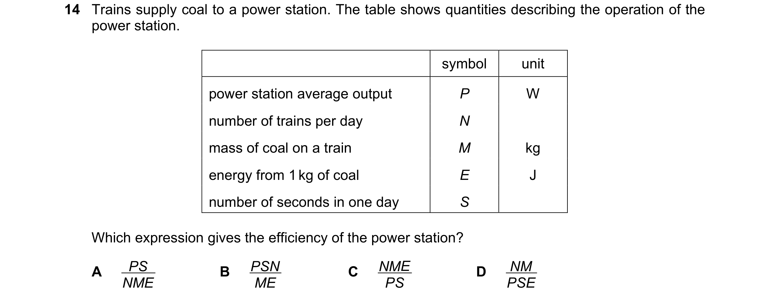 Question 179: Trains supply coal to a power station. The table shows quantities describing the operation of the power station. symbol unit power station …