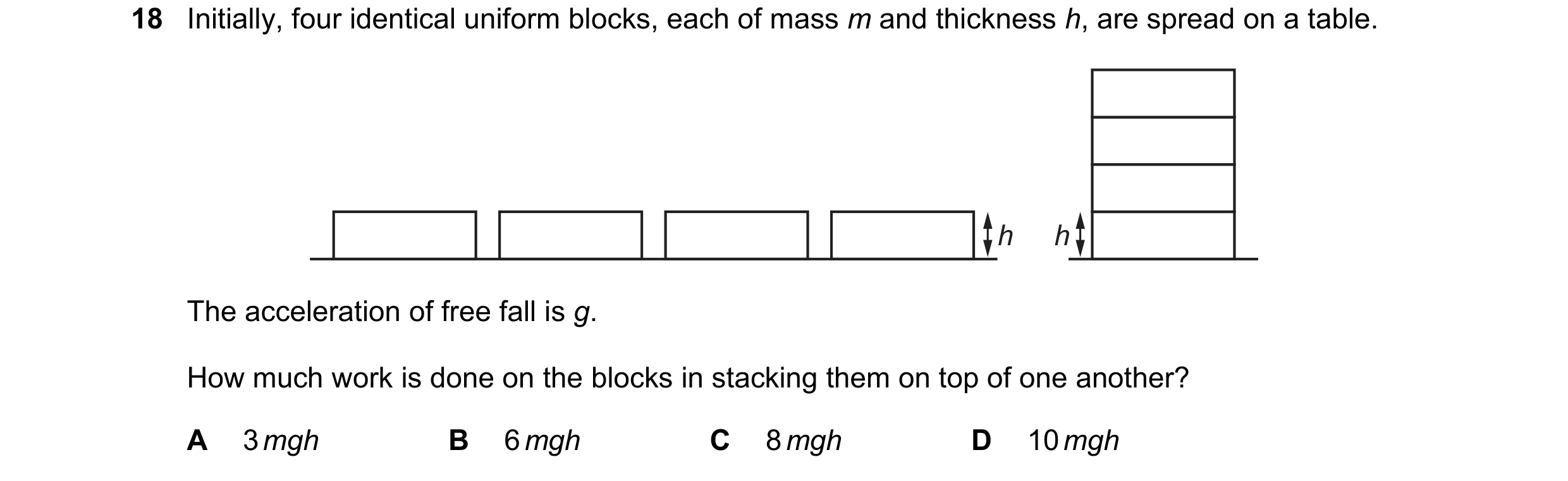 Question 108: Initially, four identical uniform blocks, each of mass m and thickness h, are spread on a table. h h The acceleration of free fall is g. Ho…