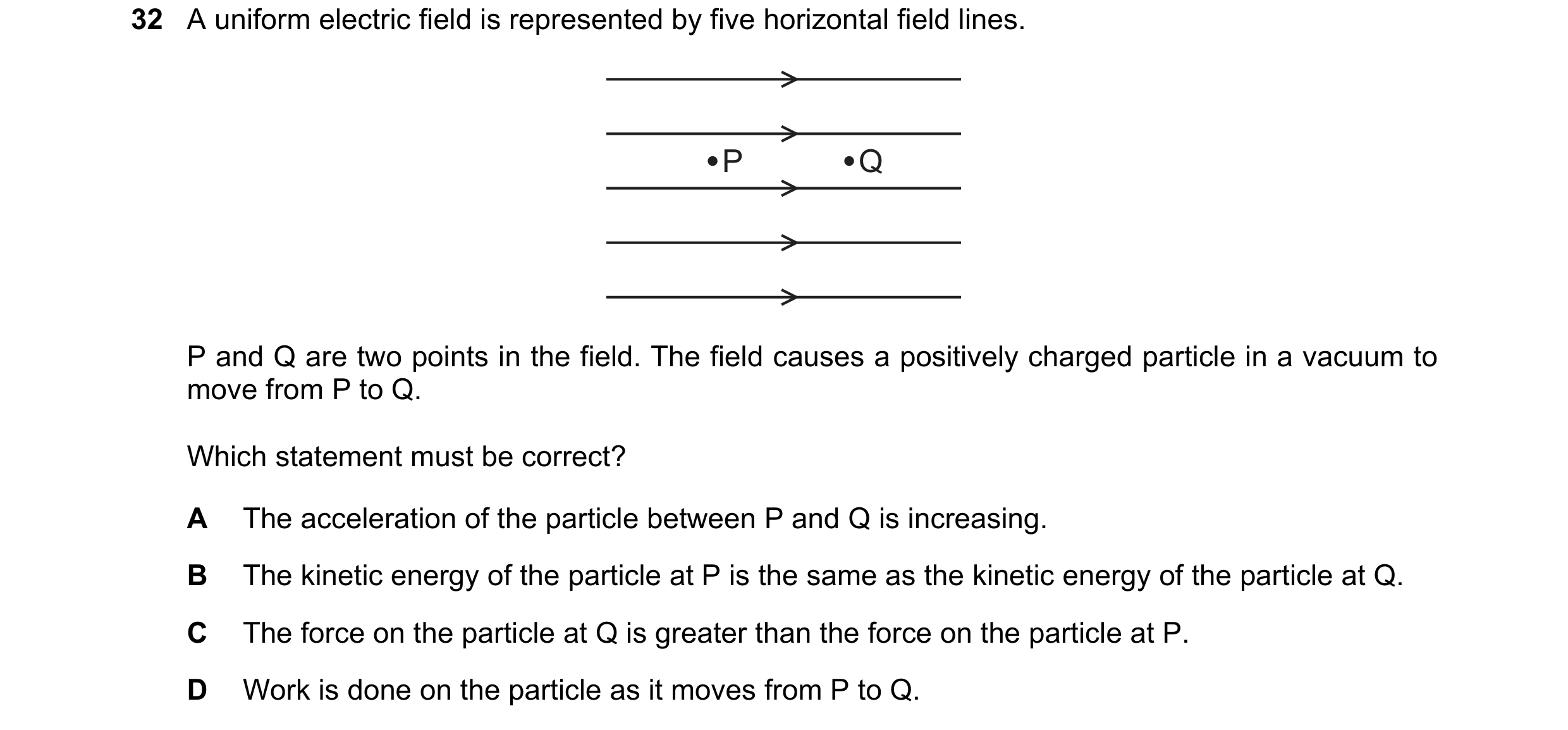 Question 118: A uniform electric field is represented by five horizontal field lines. P Q P and Q are two points in the field. The field causes a positiv…