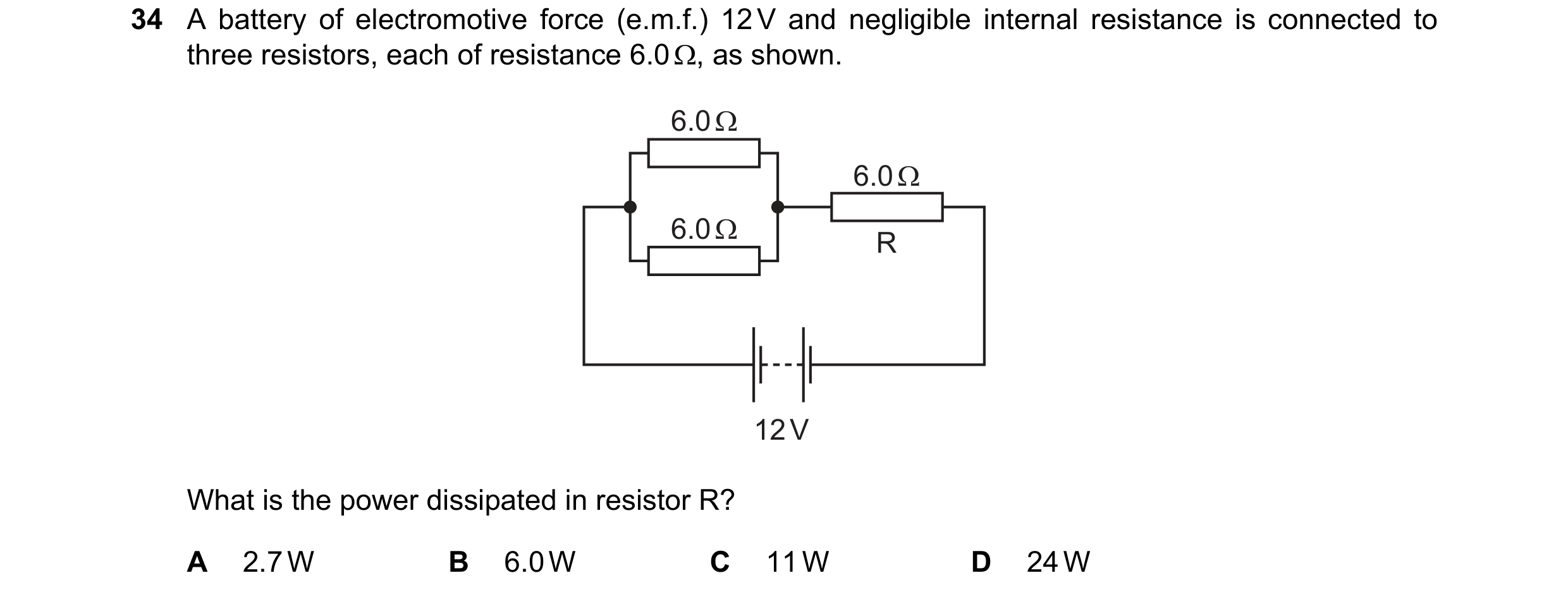 Question 155: A battery of electromotive force (e.m.f.) 12 V and negligible internal resistance is connected to three resistors, each of resistance 6.0 Ω…