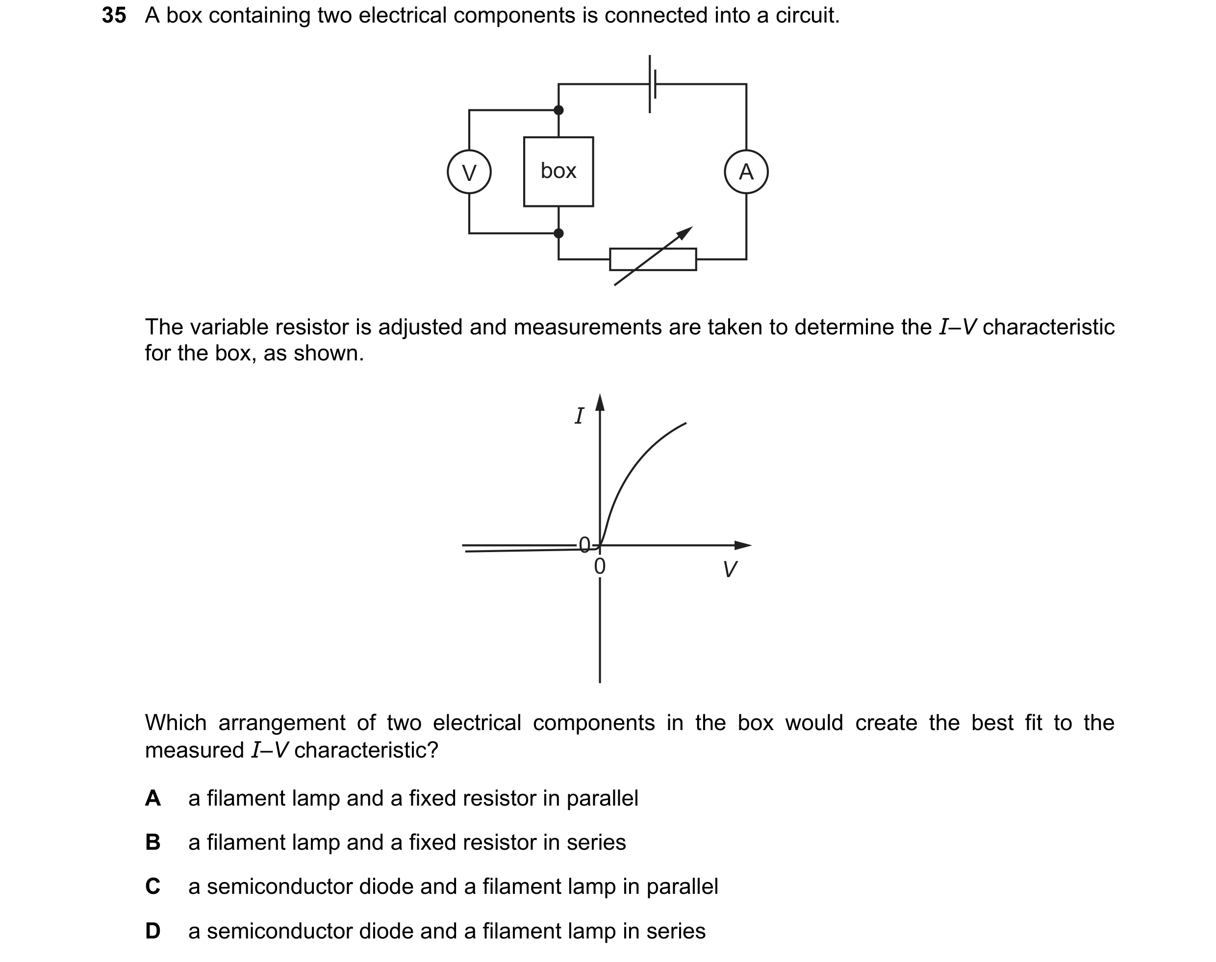 Question 112: A box containing two electrical components is connected into a circuit. V box A The variable resistor is adjusted and measurements are take…