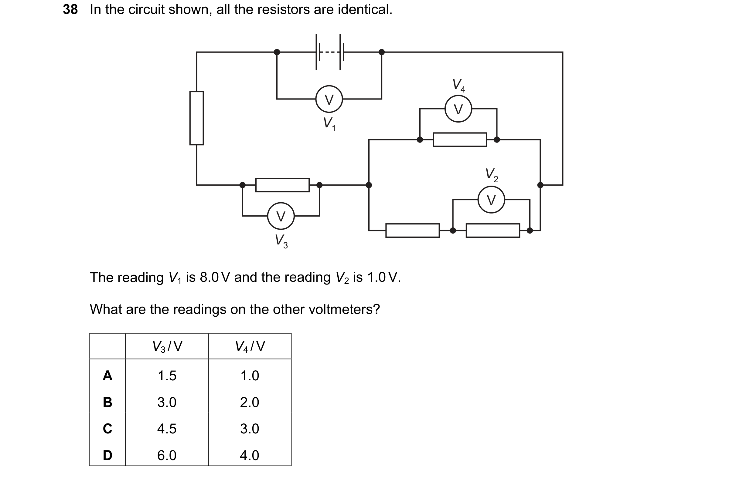 Question 79: In the circuit shown, all the resistors are identical. V4 V V V1 V2 V V V3 The reading V1 is 8.0 V and the reading V2 is 1.0 V. What are th…