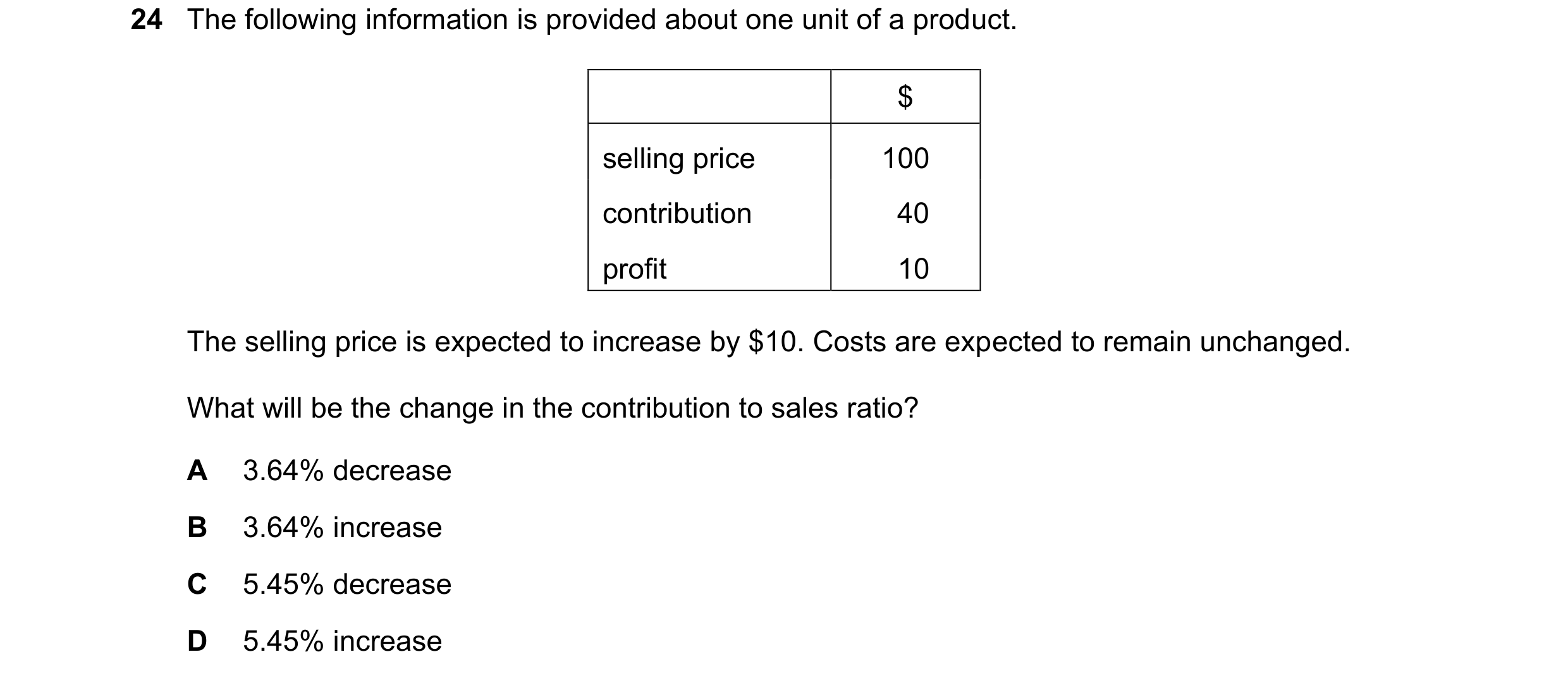 Question 410: The following information is provided about one unit of a product. $ selling price 100 contribution 40 profit 10 The selling price is expec…
