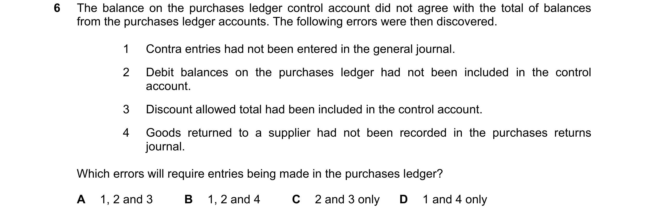 Question 290: The balance on the purchases ledger control account did not agree with the total of balances from the purchases ledger accounts. The follow…