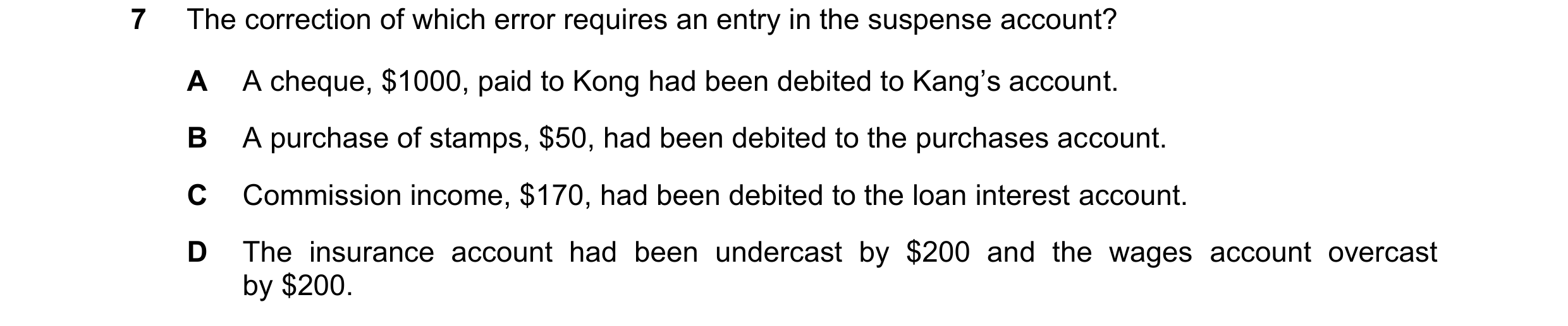 Question 291: The correction of which error requires an entry in the suspense account? A A cheque, $1000, paid to Kong had been debited to Kang’s account…