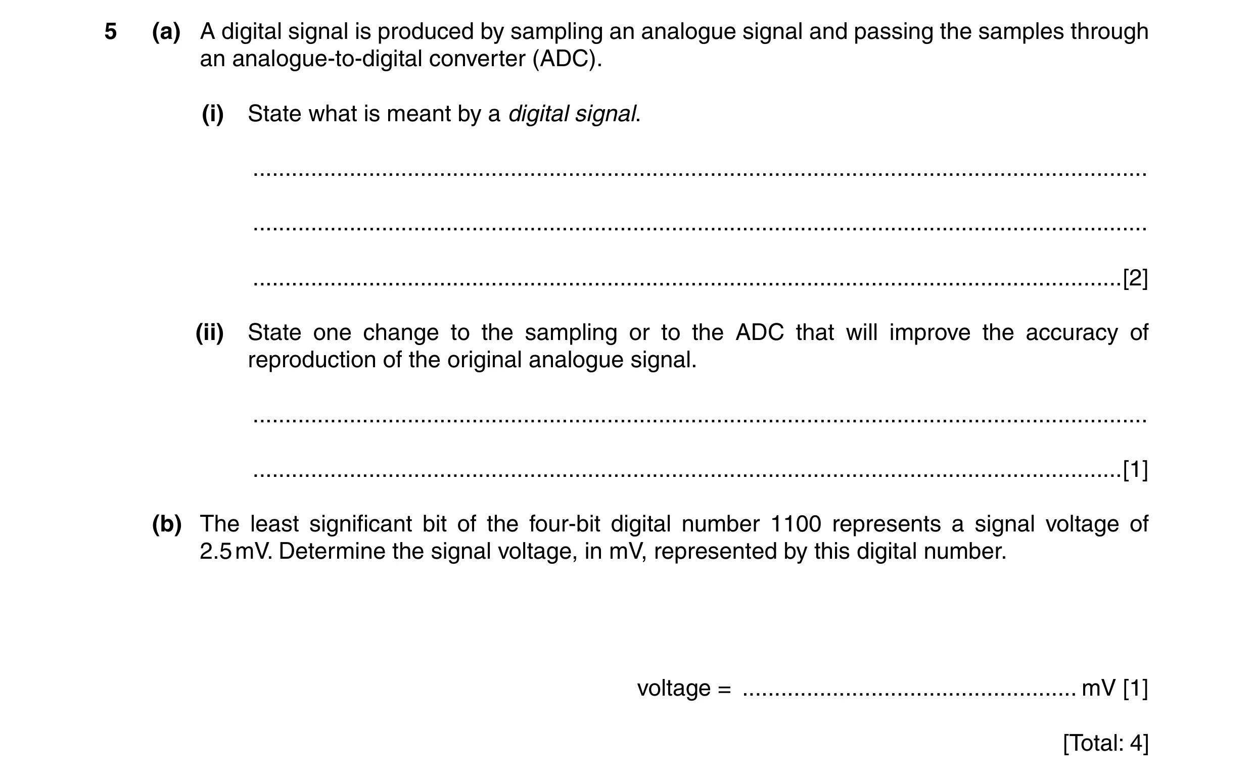 Question 15: (a) A digital signal is produced by sampling an analogue signal and passing the samples through an analogue-to-digital converter (ADC). (i)…