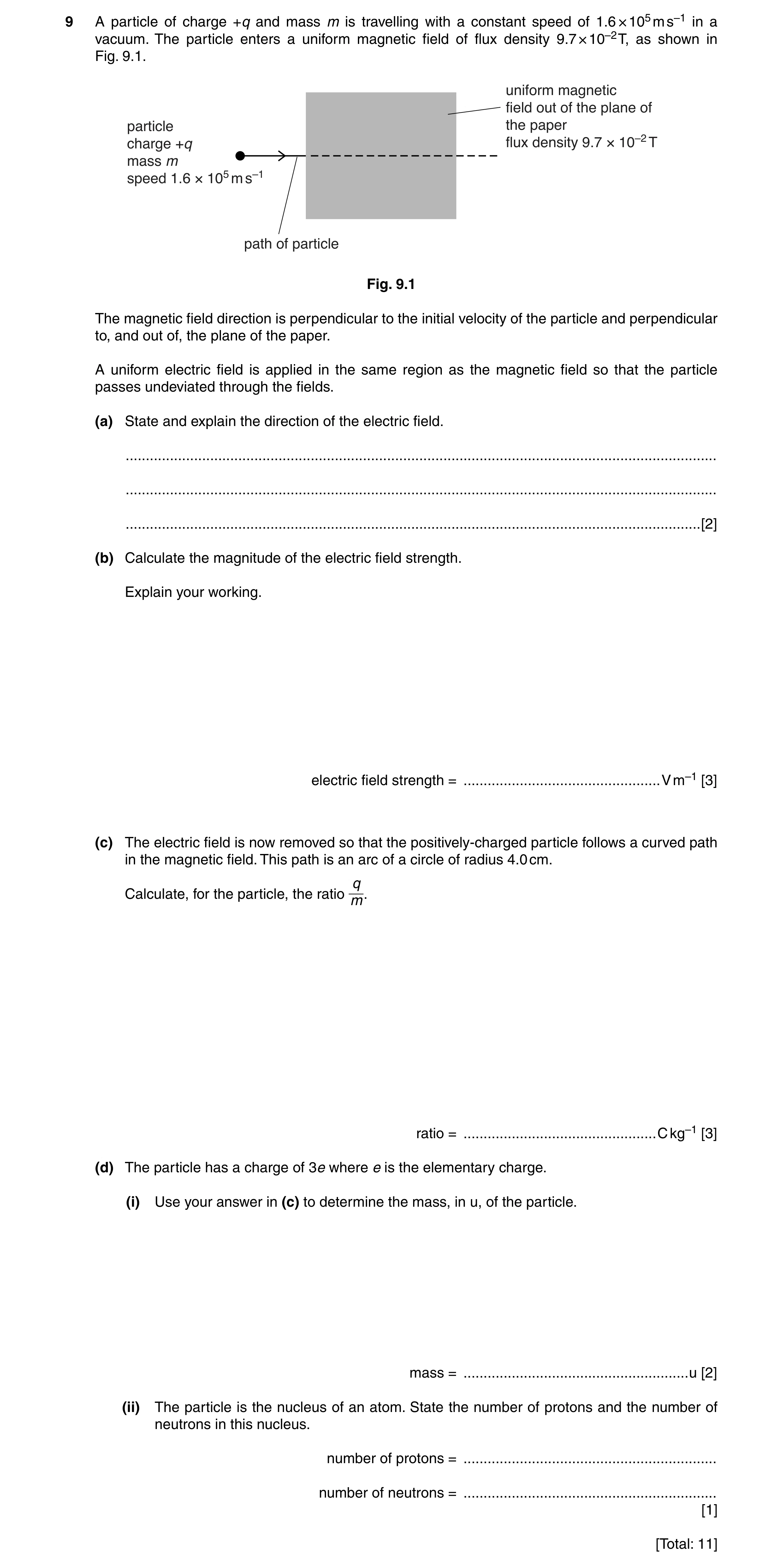 Question 14: A particle of charge +q and mass m is travelling with a constant speed of 1.6 × 105 m s–1 in a vacuum. The particle enters a uniform magnet…