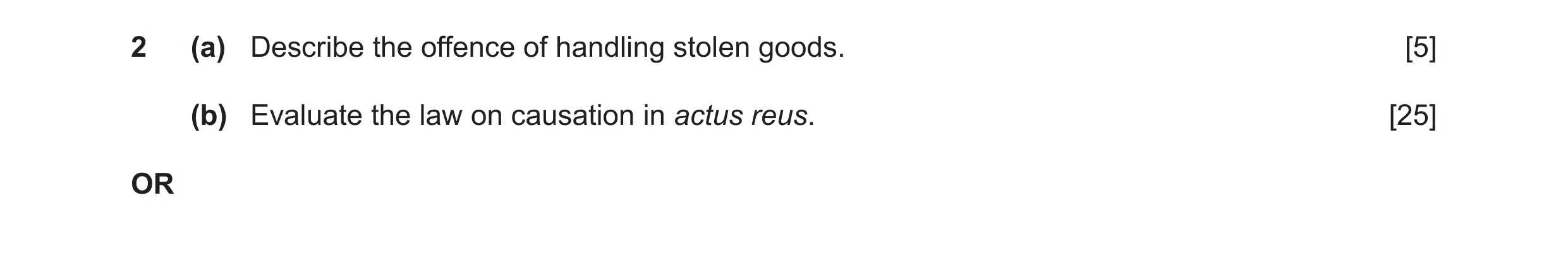 Question 12: (a) Describe the offence of handling stolen goods. [5] (b) Evaluate the law on causation in actus reus. [25] OR