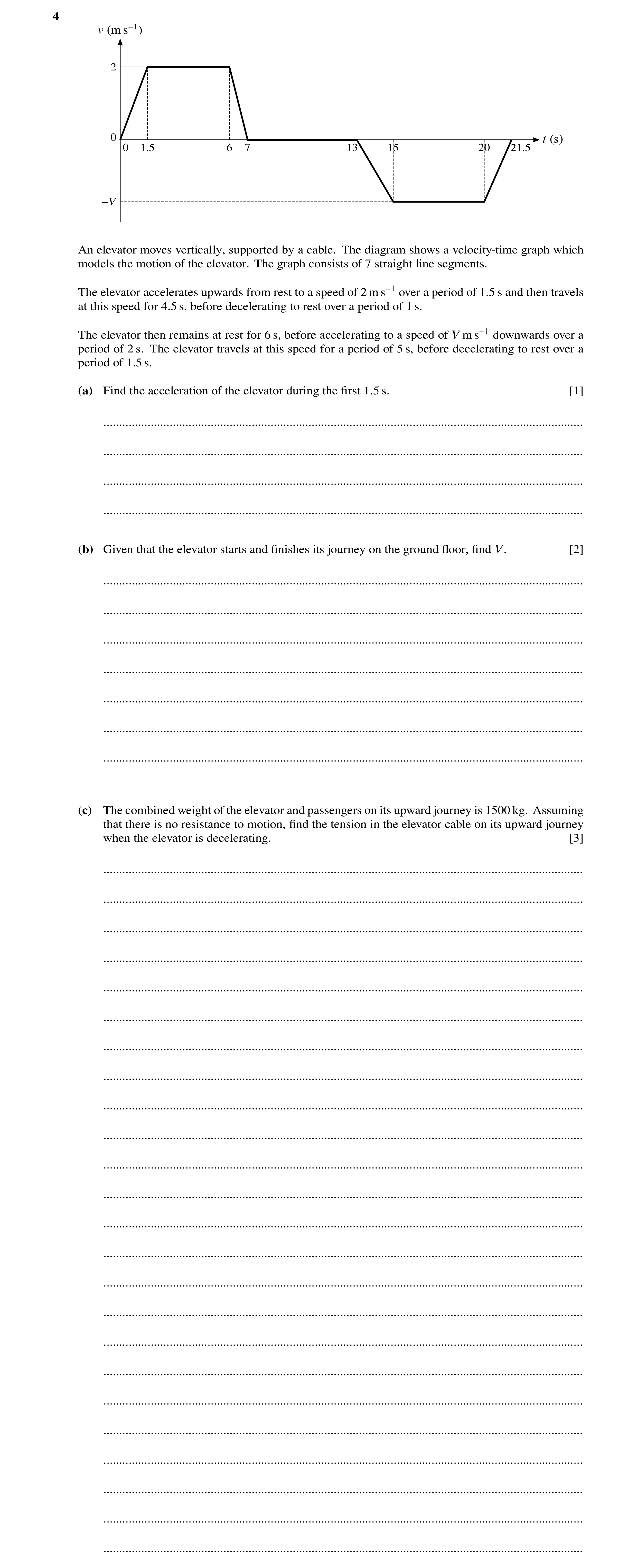 Question 253: v (m s−1) 2 0 t (s) 0 1.5 6 7 13 15 20 21.5 −V An elevator moves vertically, supported by a cable. The diagram shows a velocity-time graph …