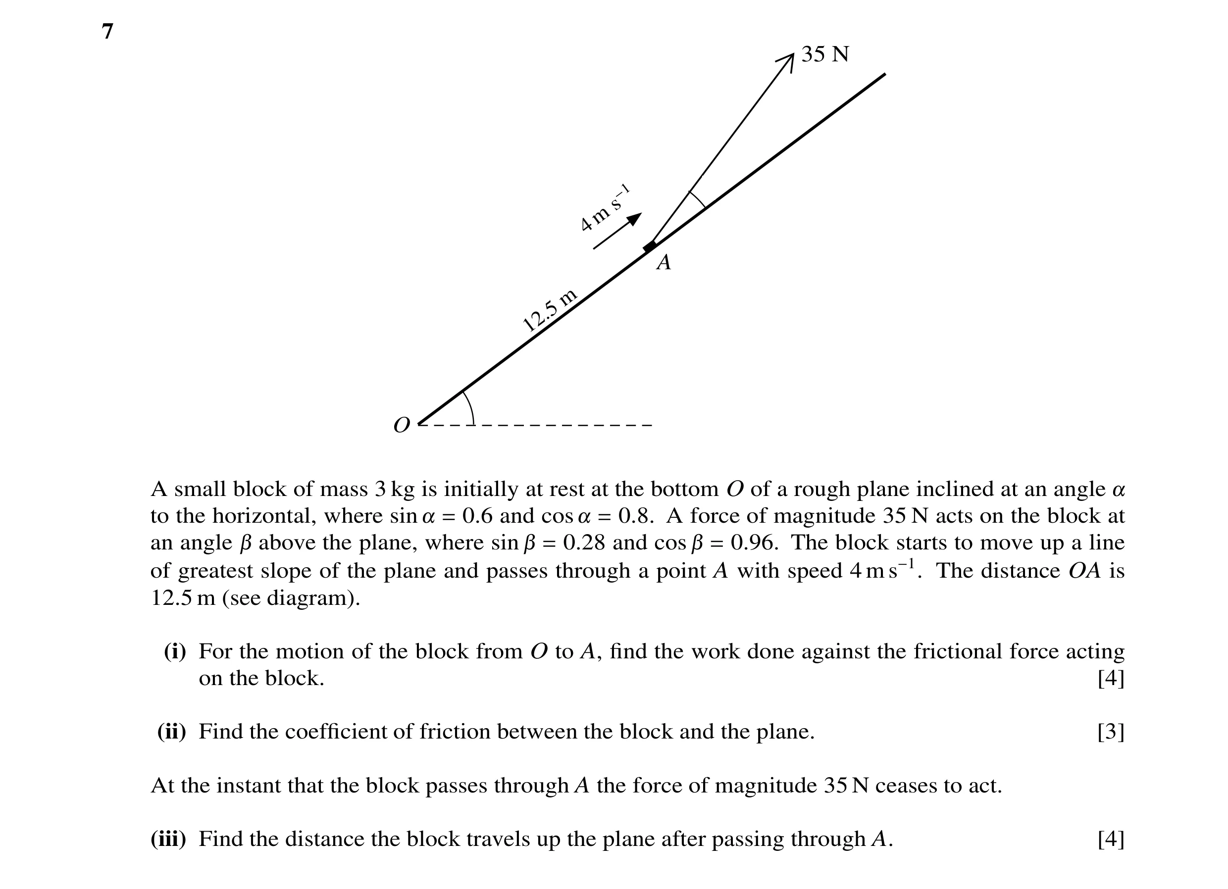 Question 62: 35 N s−1 m 4 A m 12.5 O A small block of mass 3 kg is initially at rest at the bottom O of a rough plane inclined at an angle to the horizo…