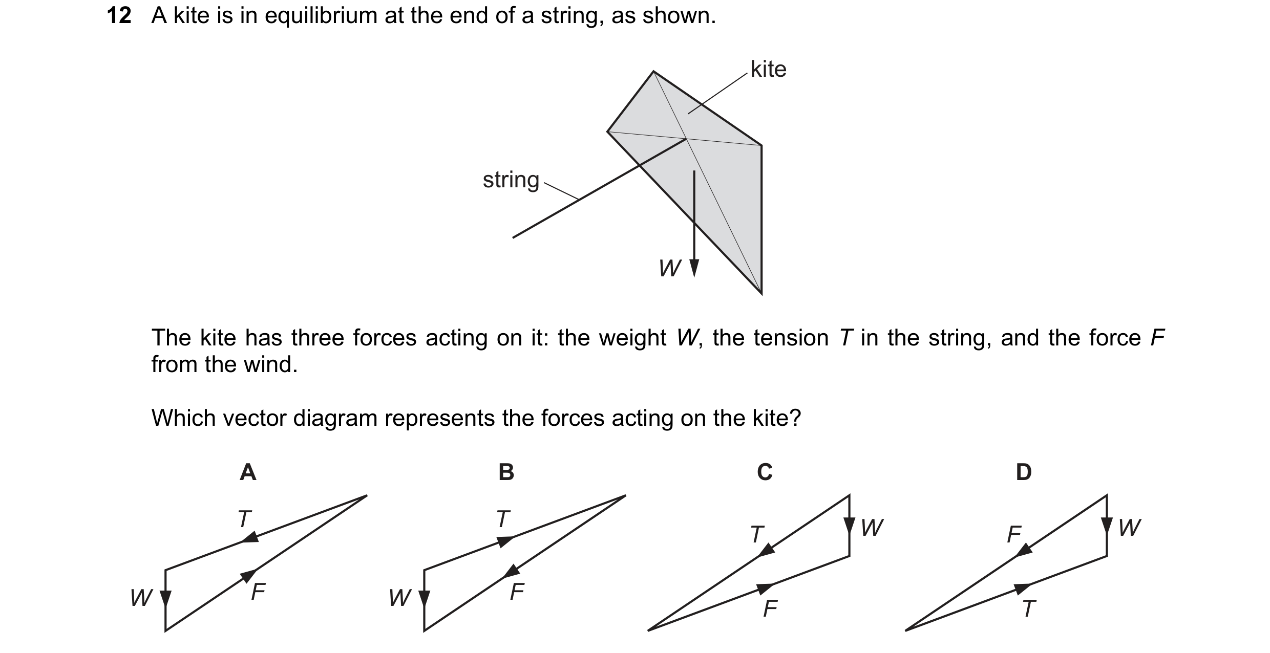 Question 150: A kite is in equilibrium at the end of a string, as shown. kite string W The kite has three forces acting on it: the weight W, the tension …