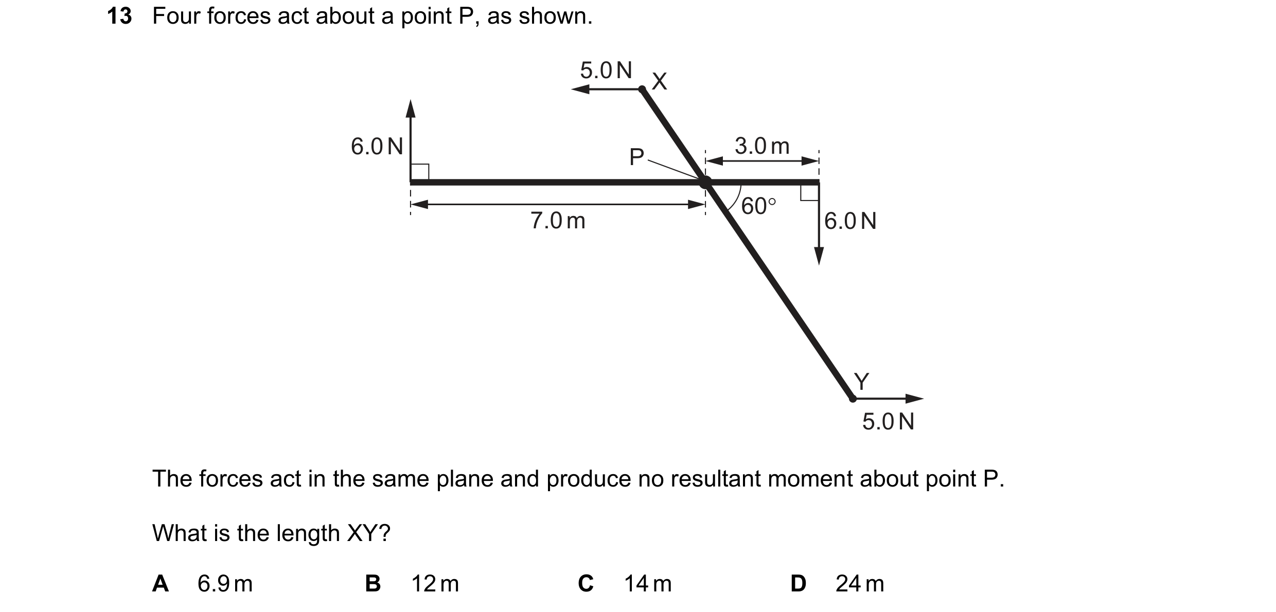 Question 136: Four forces act about a point P, as shown.
S.ON x
5.0N
The forces act in the same plane and produce no resultant moment about point P.
W…