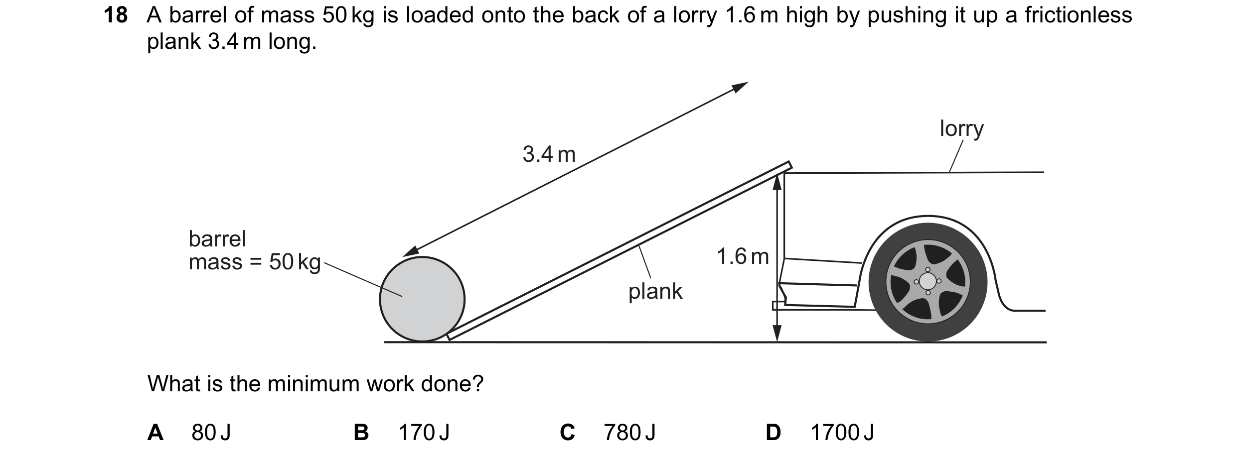 Question 255: A barrel of mass 50 kg is loaded onto the back of a lorry 1.6 m high by pushing it up a frictionless plank 3.4 m long. lorry 3.4 m barrel m…