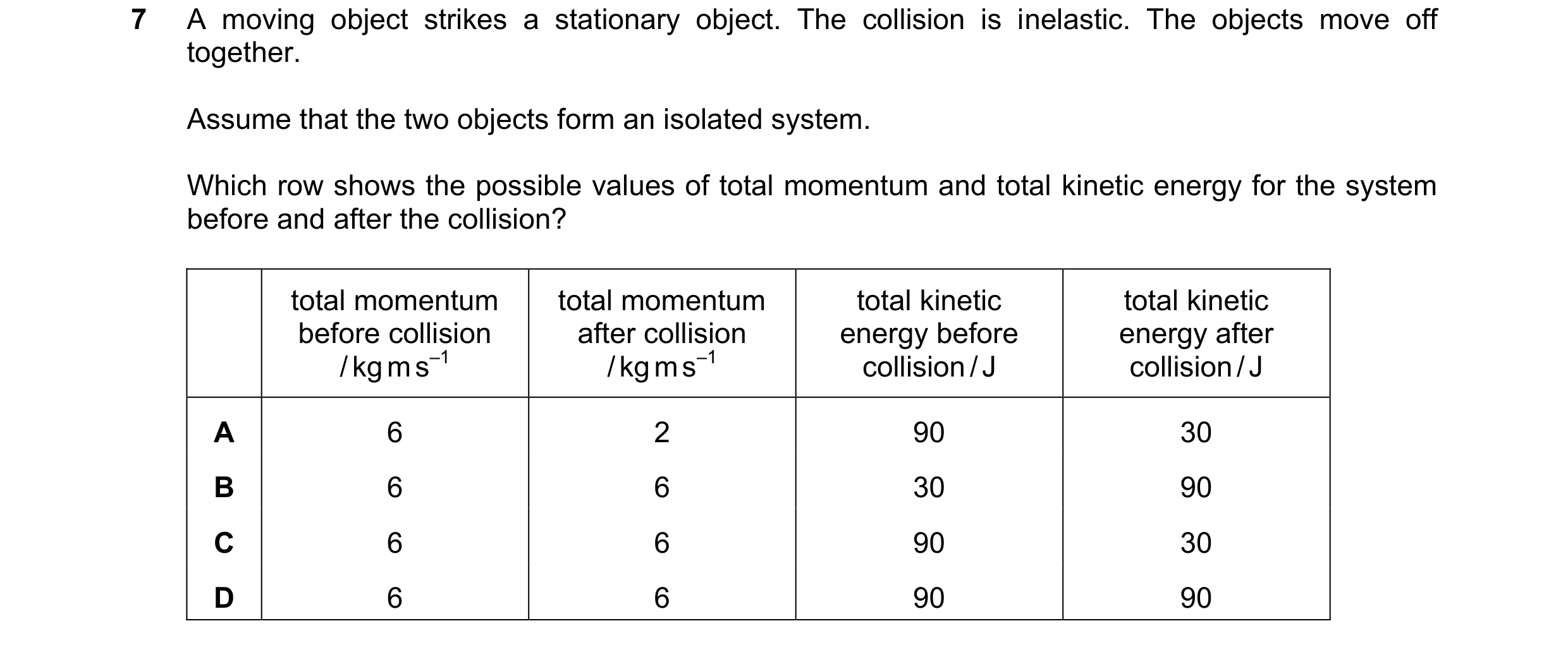 Question 191: A moving object strikes a stationary object. The collision is inelastic. The objects move off together. Assume that the two objects form an…