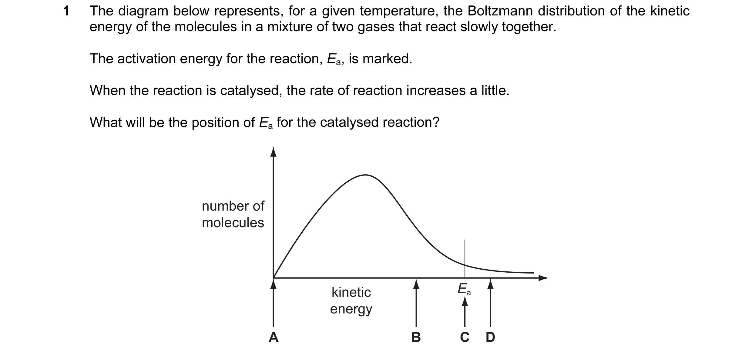 Question 61: The diagram below represents, for a given temperature, the Boltzmann distribution of the kinetic energy of the molecules in a mixture of tw…