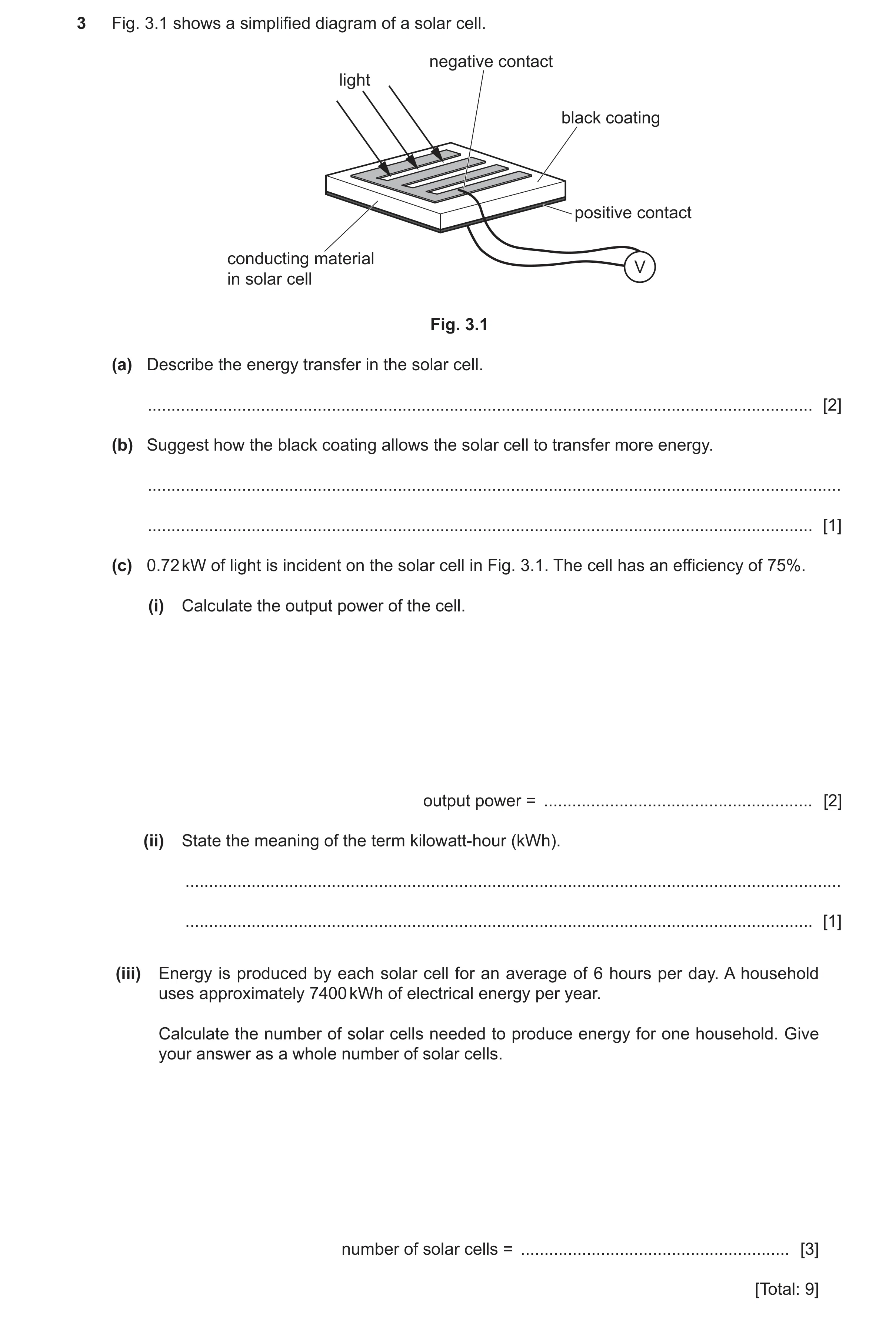 Question 34: Fig. 3.1 shows a simplified diagram of a solar cell. negative contact light black coating positive contact conducting material V in solar c…