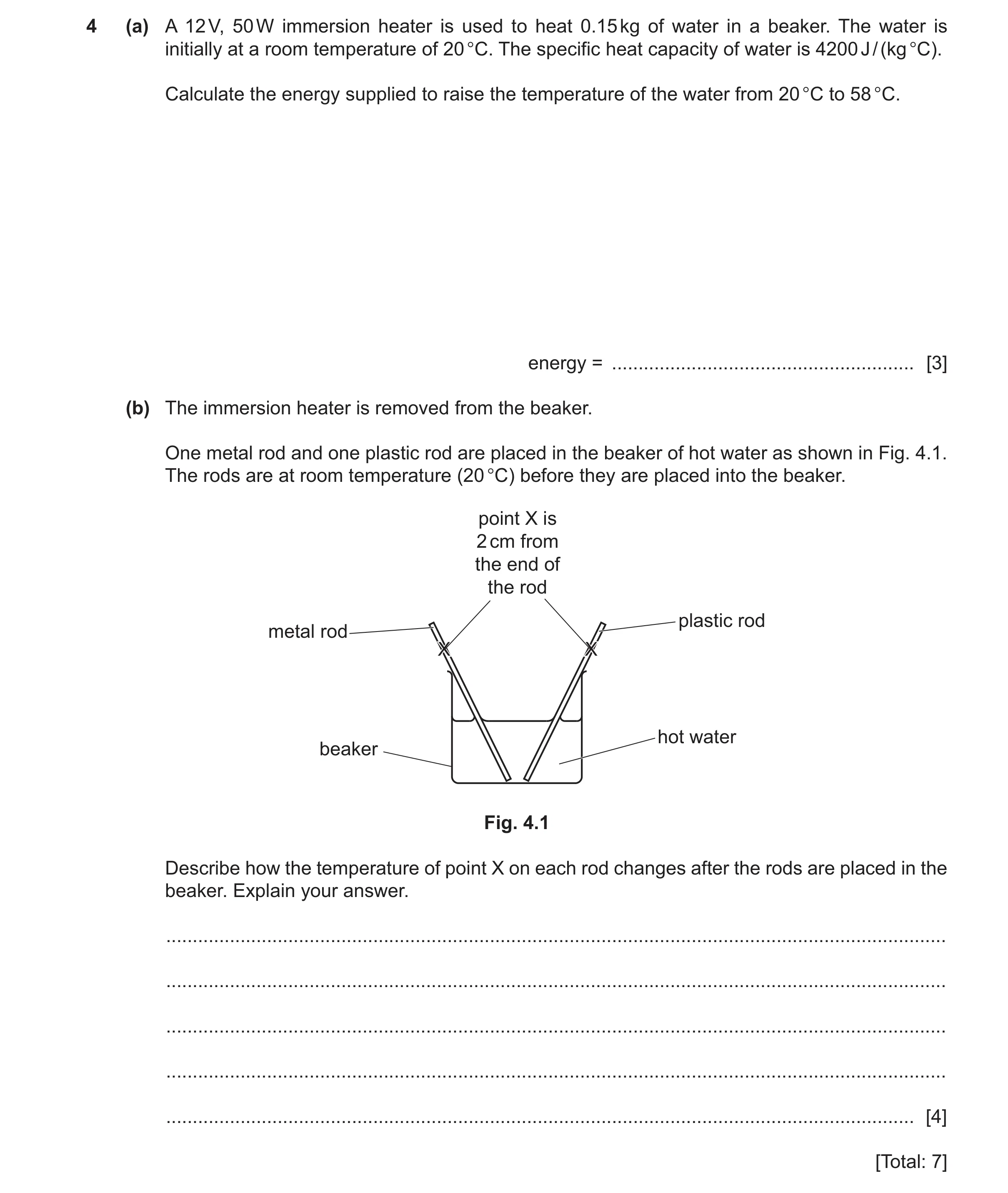 Question 44: (a) A 12 V, 50 W immersion heater is used to heat 0.15 kg of water in a beaker. The water is initially at a room temperature of 20 °C. The …