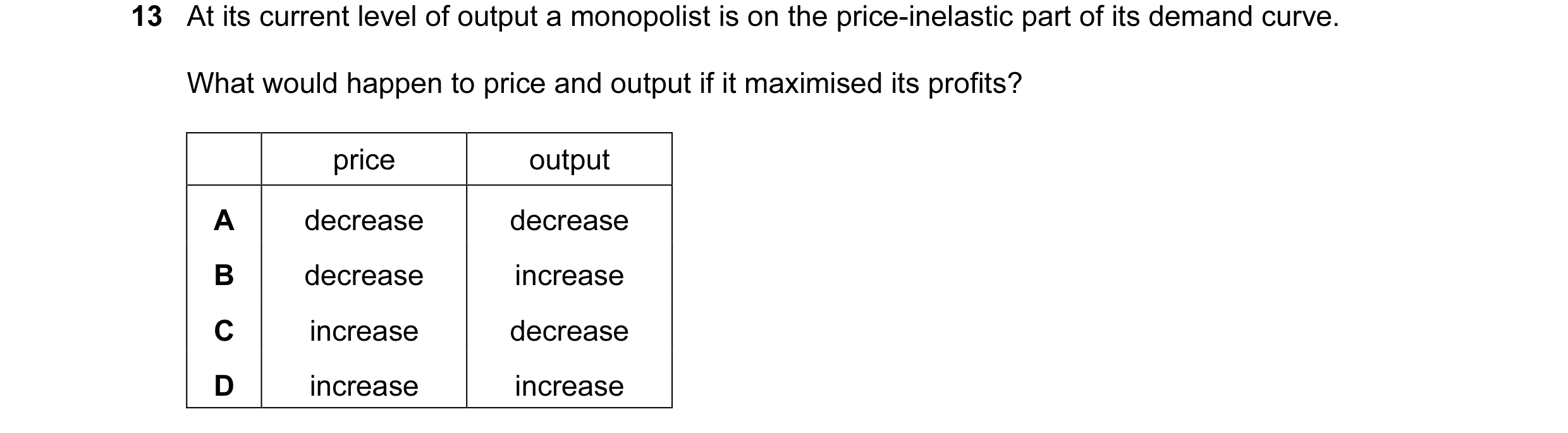 Question 83: At its current level of output a monopolist is on the price-inelastic part of its demand curve. What would happen to price and output if it…
