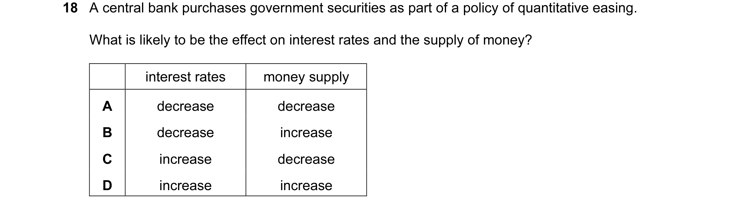 Question 17: A central bank purchases government securities as part of a policy of quantitative easing. What is likely to be the effect on interest rate…