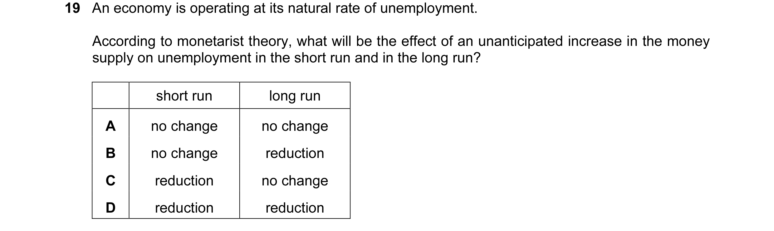 Question 43: An economy is operating at its natural rate of unemployment. According to monetarist theory, what will be the effect of an unanticipated in…