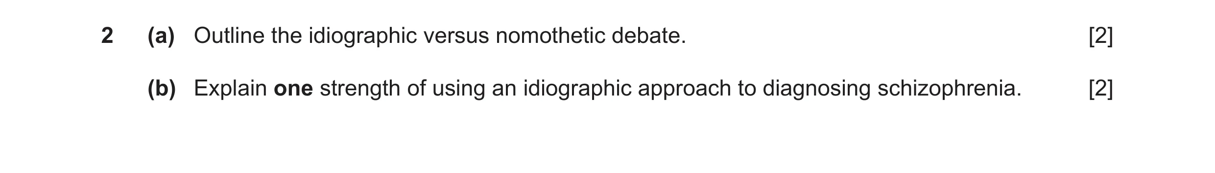 Question 19: (a) Outline the idiographic versus nomothetic debate. [2] (b) Explain one strength of using an idiographic approach to diagnosing schizophr…