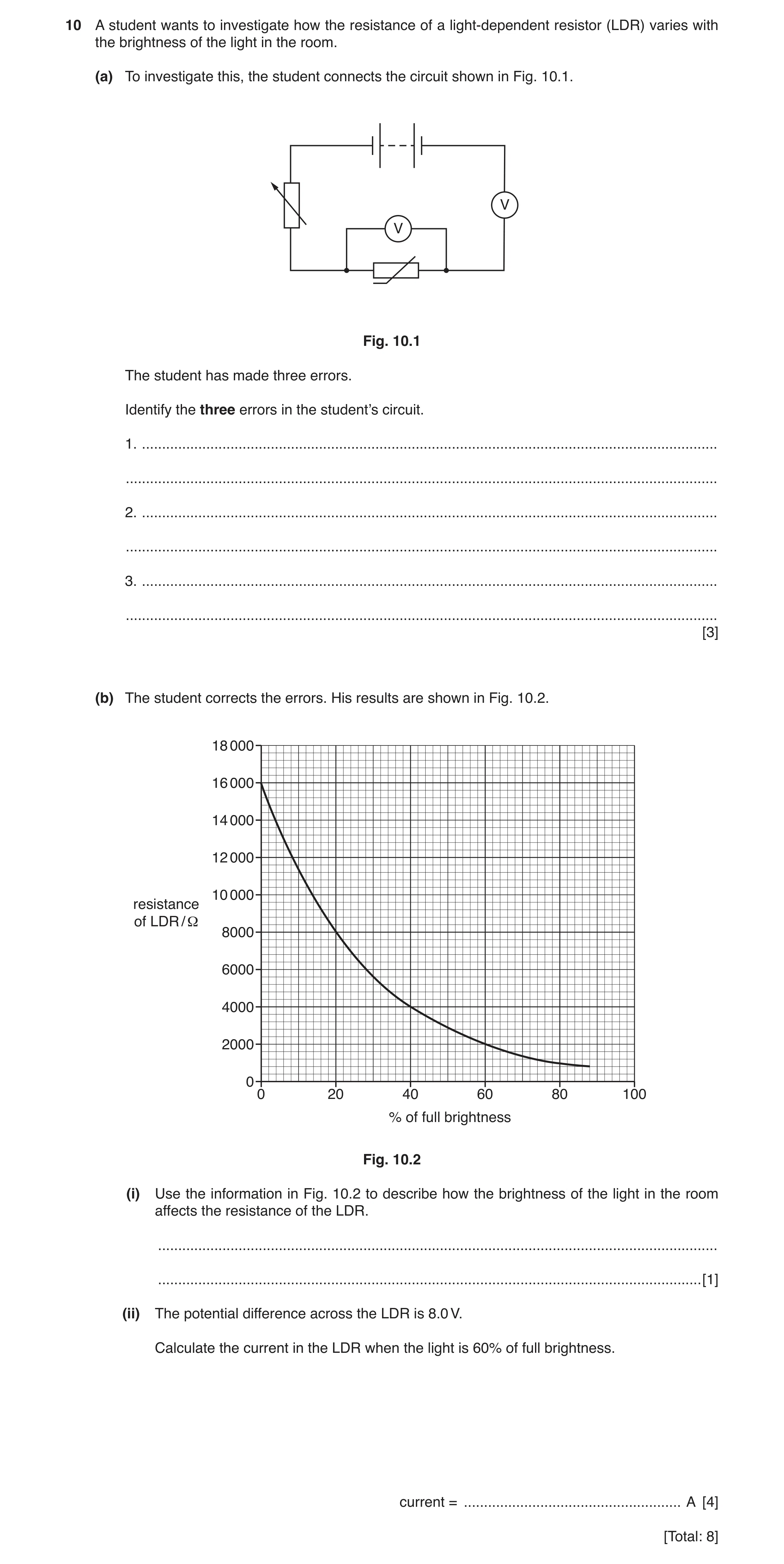 Question 2: A student wants to investigate how the resistance of a light-dependent resistor (LDR) varies with the brightness of the light in the room. …