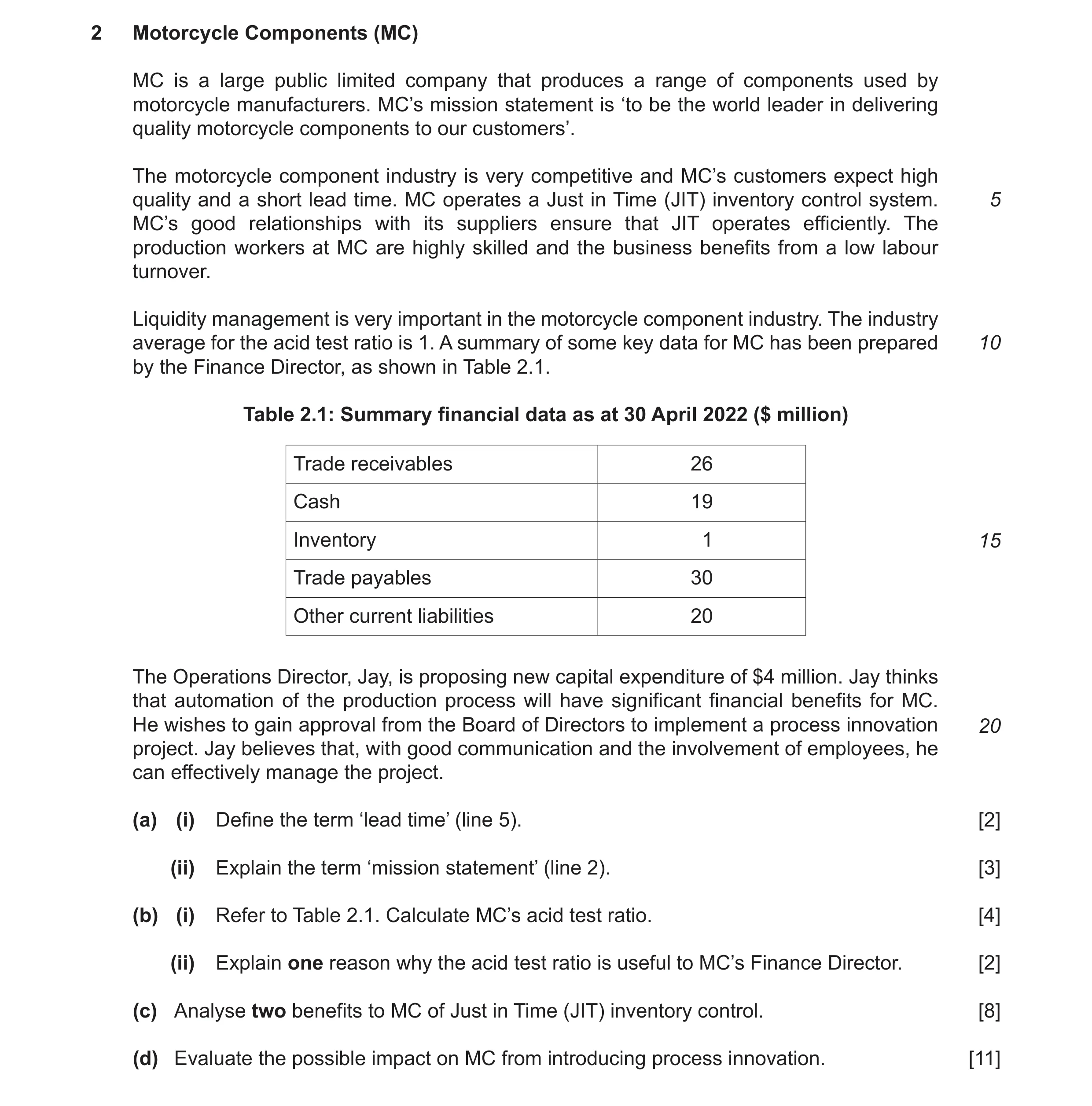 Question 10: Motorcycle Components (MC) MC is a large public limited company that produces a range of components used by motorcycle manufacturers. MC’s …