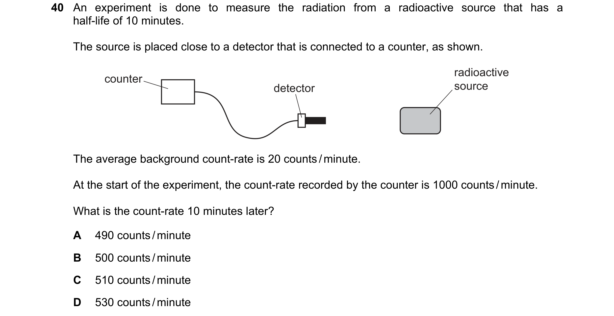 Question 68: An experiment is done to measure the radiation from a radioactive source that has a half-life of 10 minutes. The source is placed close to …