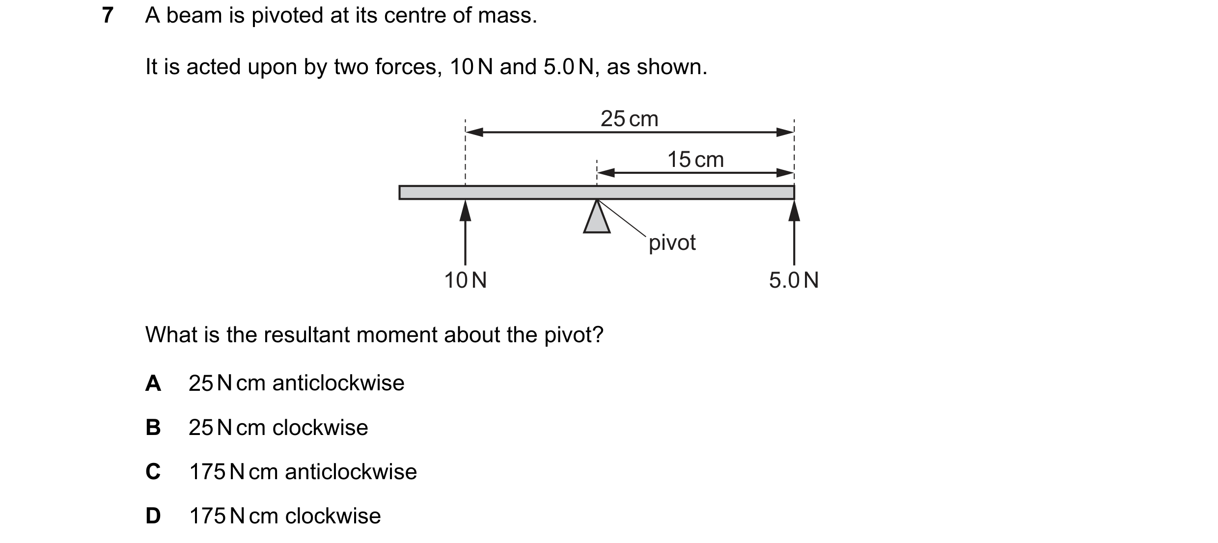 Question 86: A beam is pivoted at its centre of mass. It is acted upon by two forces, 10 N and 5.0 N, as shown. 25 cm 15 cm pivot 10 N 5.0 N What is the…
