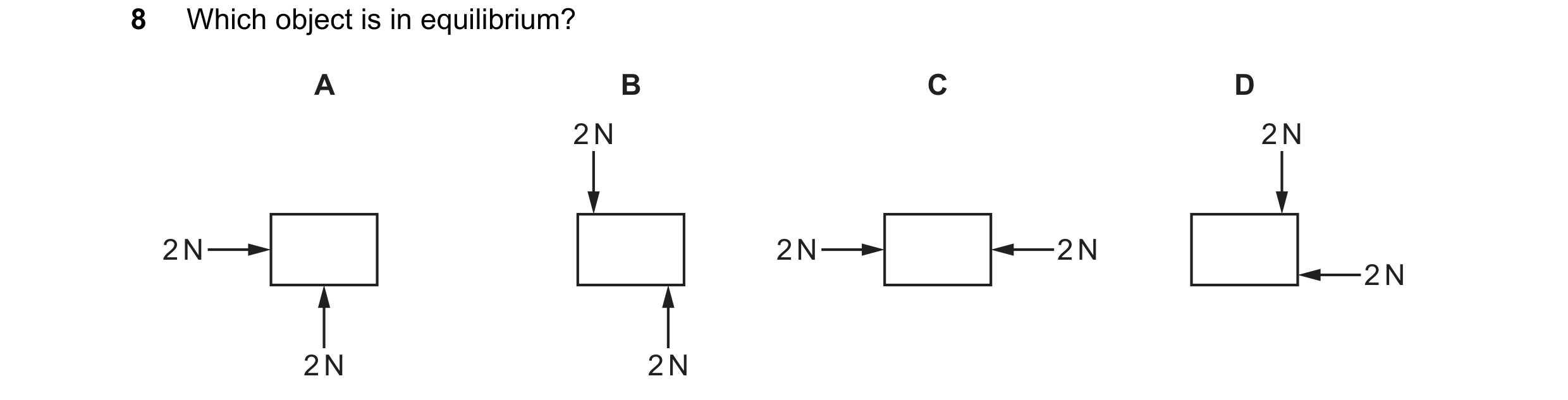 Question 87: Which object is in equilibrium? A B C D 2 N 2 N 2 N 2 N 2 N 2 N 2 N 2 N